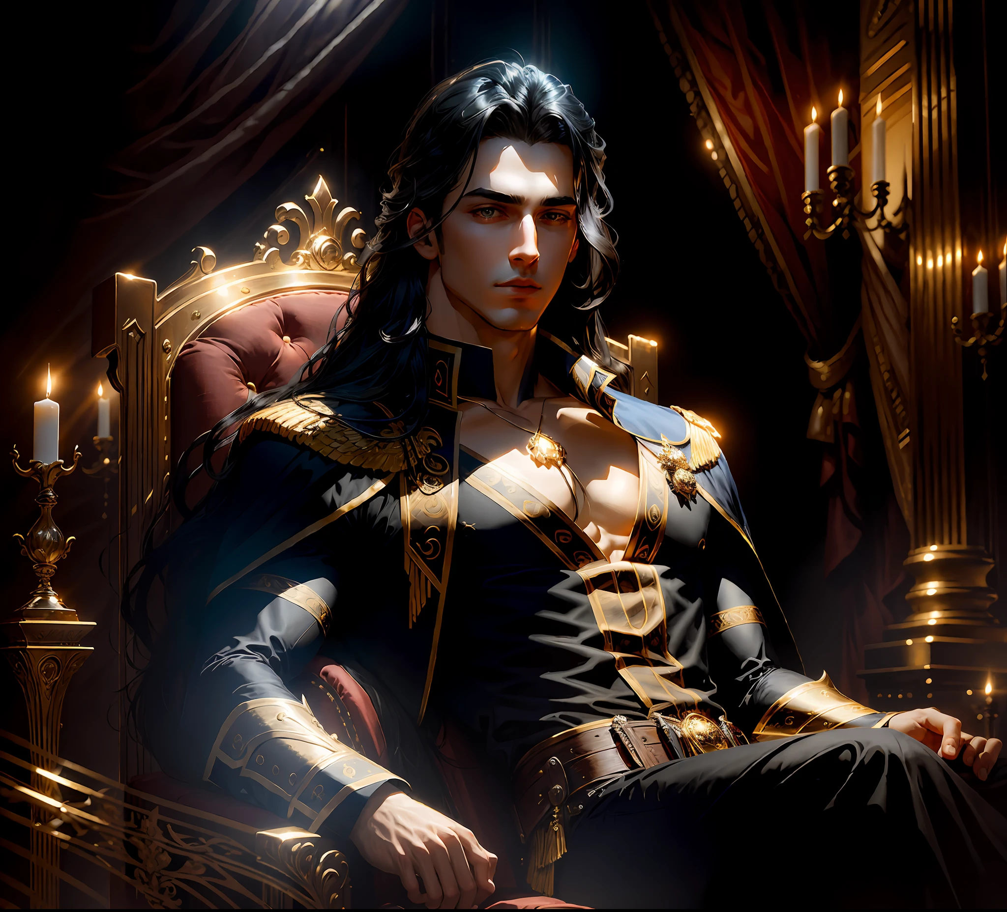 masterpiece, highest quality, (focus solo), (perfect face: 1.1), (high detail: 1.1), dramatic, shadows around, (1guy), (pale skin), long black hair, ethereal eyes, solo, naval covered, moon, night, gothic luxury costume, pouted lips, cutlery, golden throne, detailed background, sitting on gothic lounger, art by Artgerm and Greg Rutzowski, cinematic lighting,