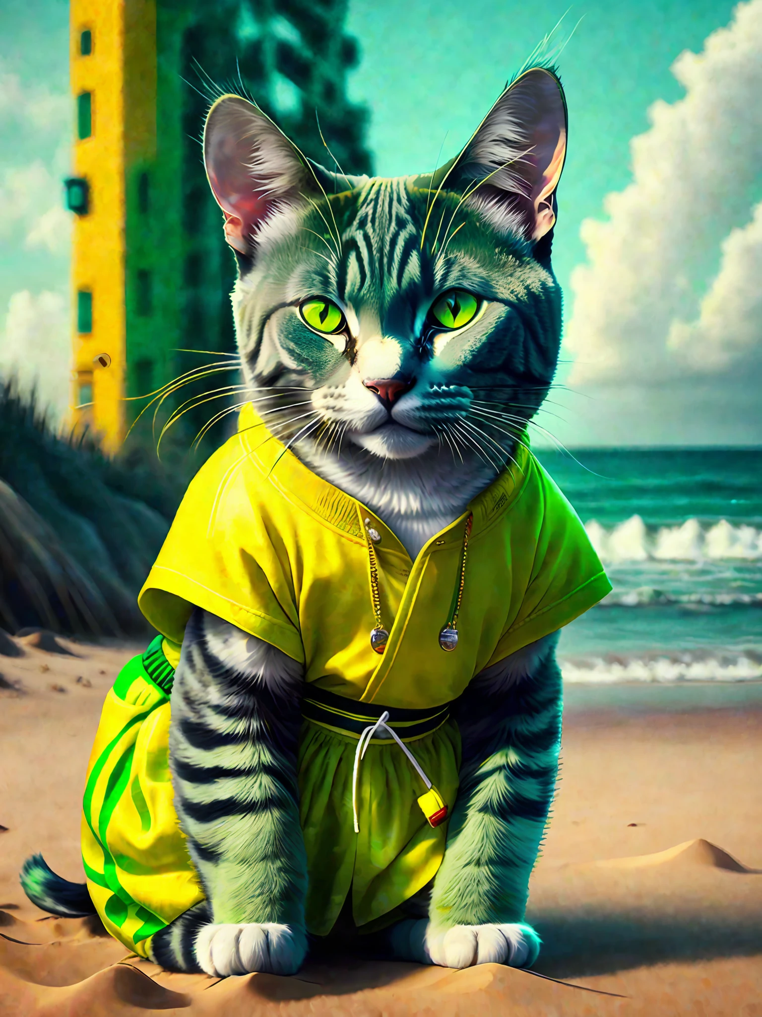 image of a beautiful Chartreux cat, trend of the art season, dressed in beachwear, hyper realistic detailed rendering, Brazilian gang member, urban style, relaxed pose, planet of cats, fashion clothes, urban samurai, meow, west slavic traits, 8 1 5