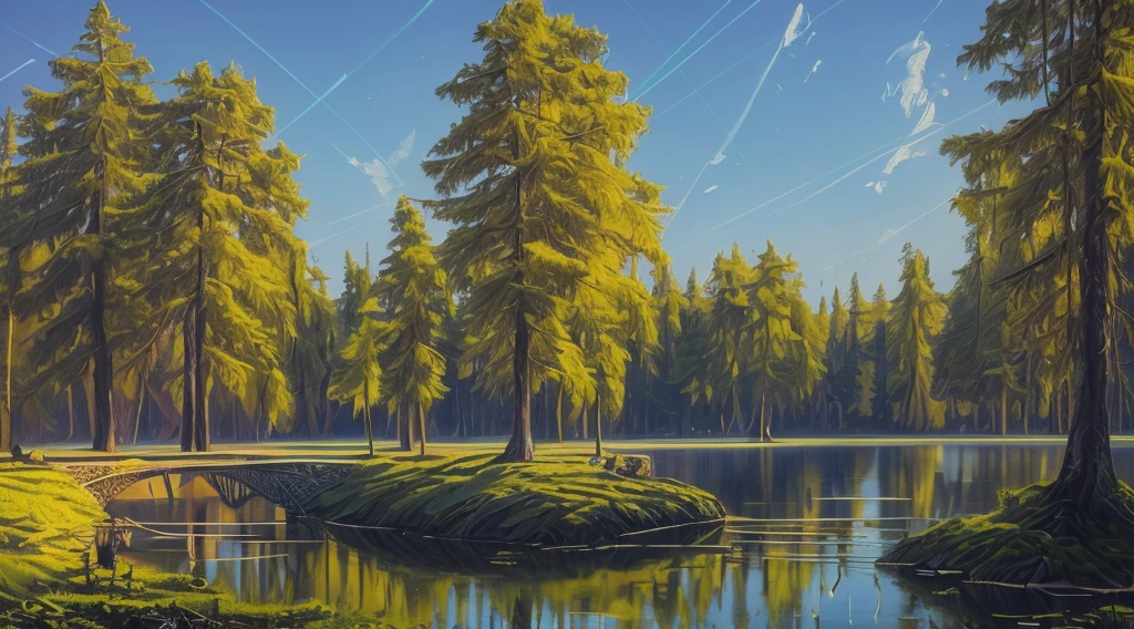 a painting of a bridge over a lake surrounded by trees, beautiful art uhd 4 k, 3 d render beeple, beeple colors, 4k highly detailed digital art, recusion beeple, inspired by Mike Winkelmann, beeple |, in style of beeple, beeple style, beeple art