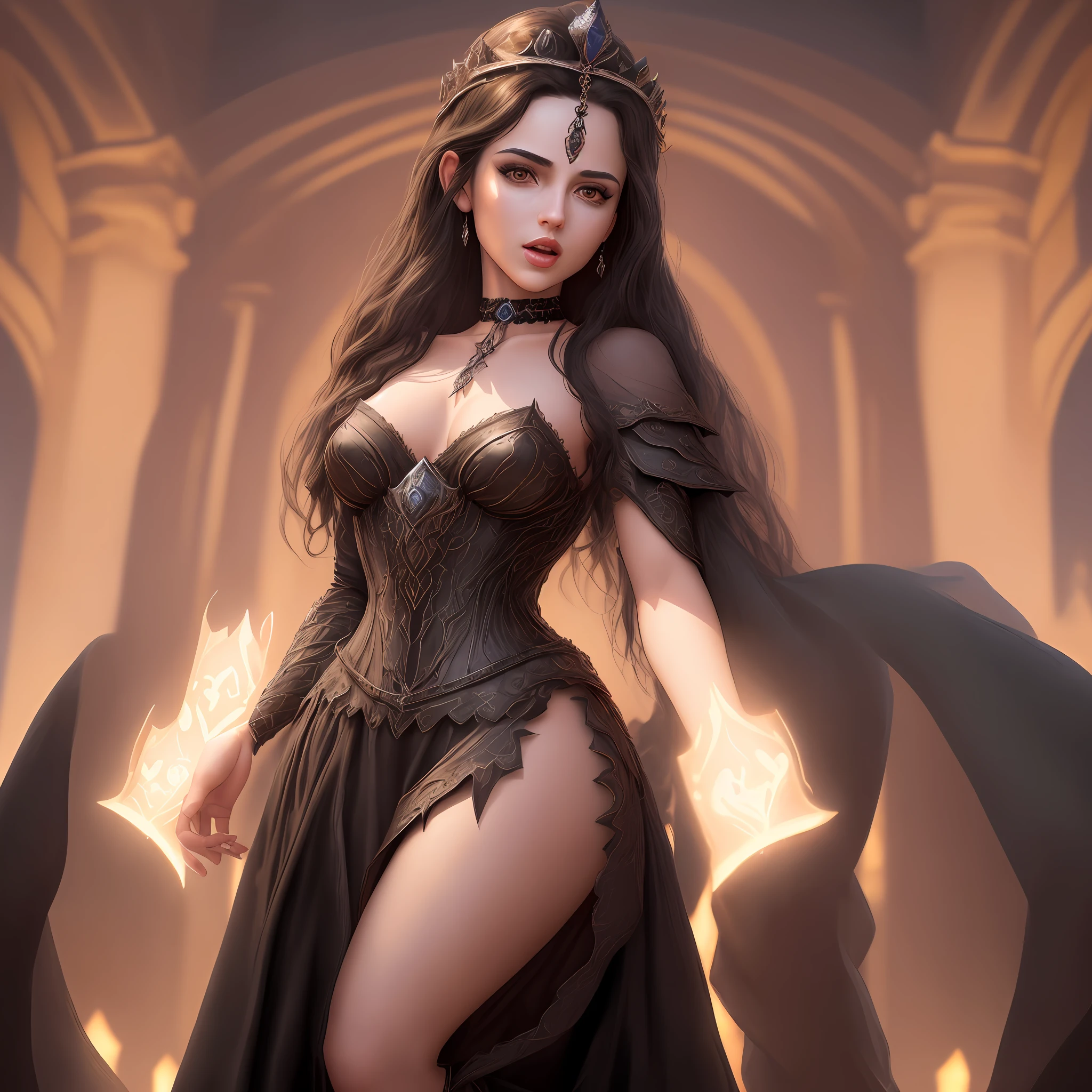 "Complete artwork masterpiece, high quality, ultra detailed in 4k, 8k, high resolution, hyper-realistic photo, hyper-detailed, realistic skin texture, amazing shadows, highly detailed background, extremely detailed texture, perfect lighting, high-level image quality." A queen of high fantasy realm, fair skin, full body pic, long elegant black dress, long black hair, brown eyes, defined face, half-open mouth, small breasts, choker, use woman from reference picture as role model, night lights, high detailed background of fantasy realm night.