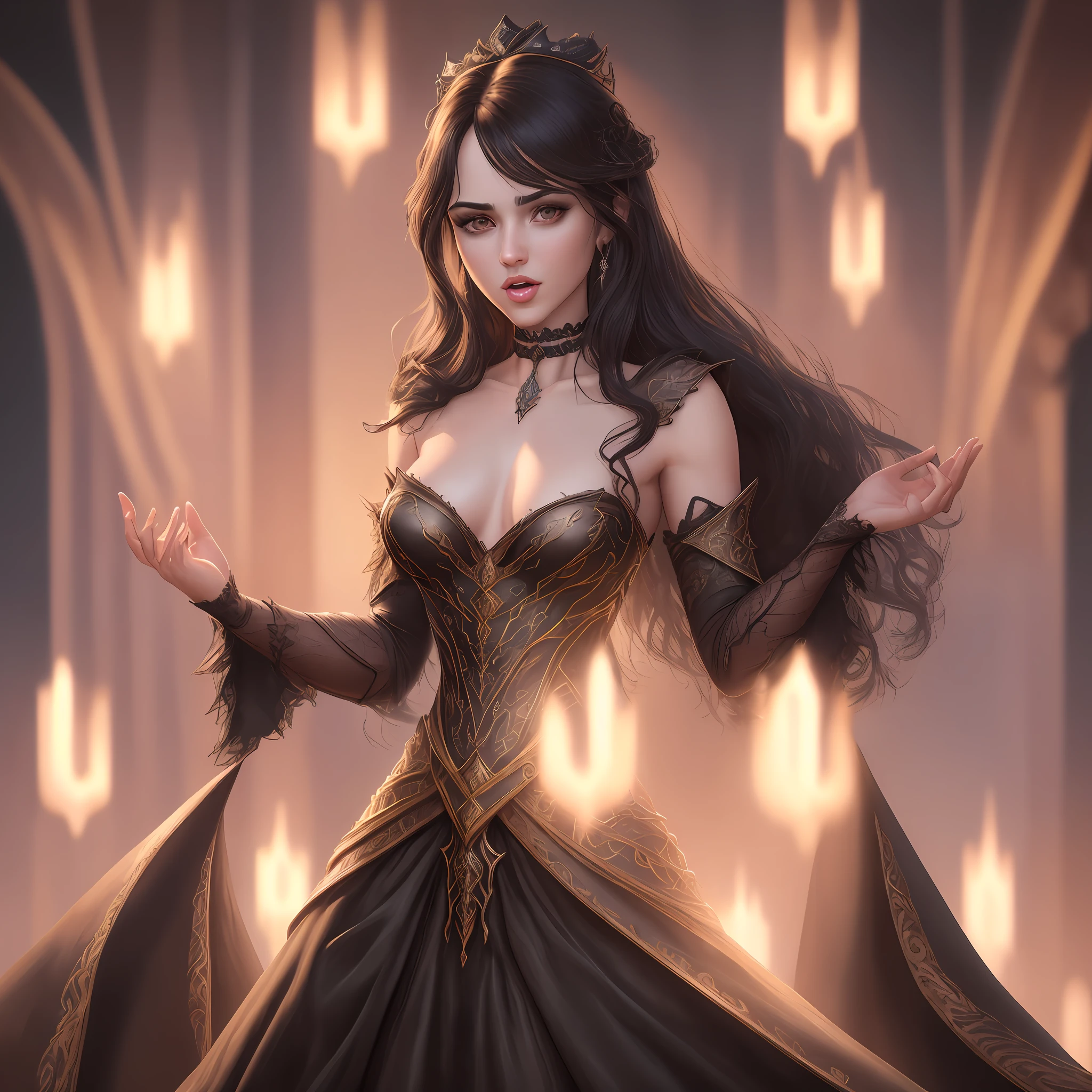 "Complete artwork masterpiece, high quality, ultra detailed in 4k, 8k, high resolution, hyper-realistic photo, hyper-detailed, realistic skin texture, amazing shadows, highly detailed background, extremely detailed texture, perfect lighting, high-level image quality." A queen of high fantasy realm, fair skin, full body pic, long elegant black dress, long black hair, brown eyes, defined face, half-open mouth, small breasts, choker, use woman from reference picture as role model, night lights, high detailed background of fantasy realm night.