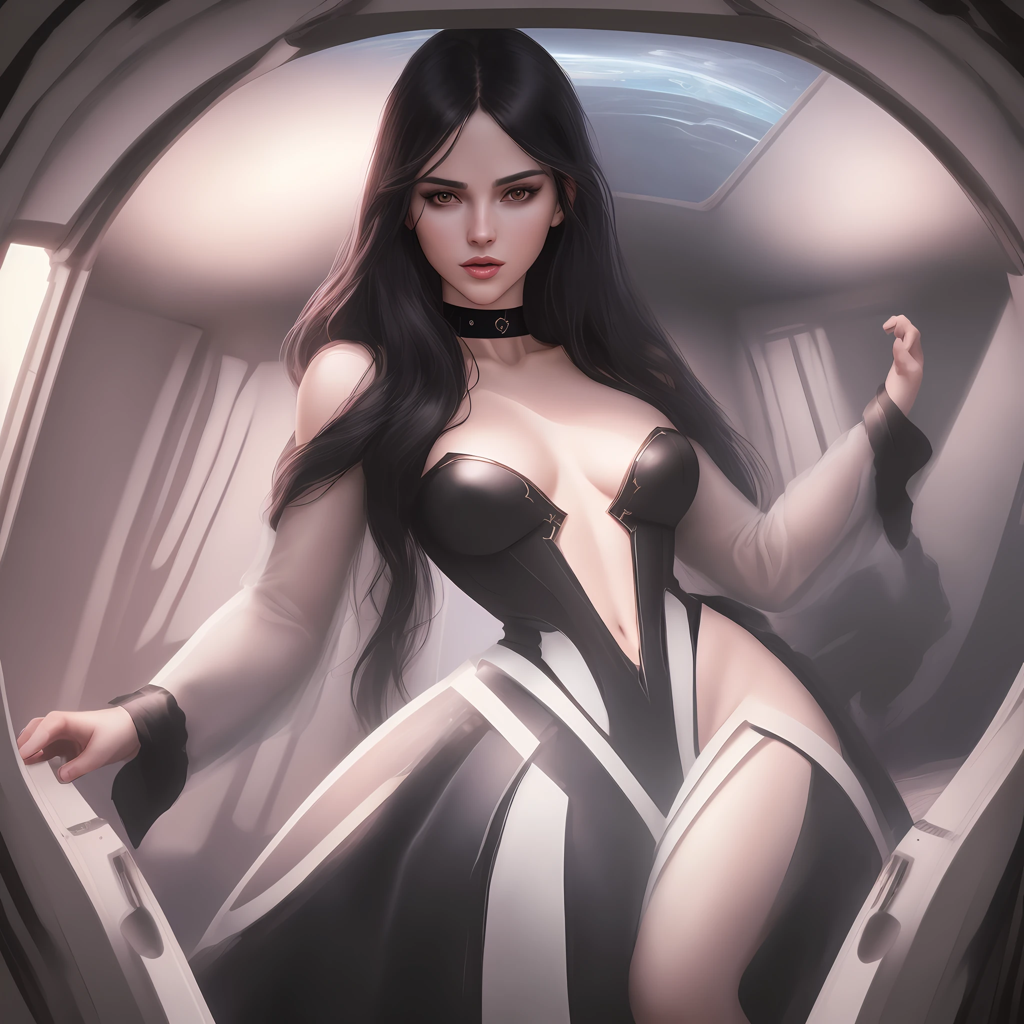 "Complete artwork masterpiece, high quality, ultra detailed in 4k, 8k, high resolution, hyper-realistic photo, hyper-detailed, realistic skin texture, amazing shadows, highly detailed background, extremely detailed texture, perfect lighting, high-level image quality." The female captain of a spaceship, space Future, looking trough the ship's windows, space on the back, fair skin, full body pic, long fancy black clothes, long black hair, brown eyes, defined face, half-open mouth, small breasts, choker, use woman from reference picture as role model,