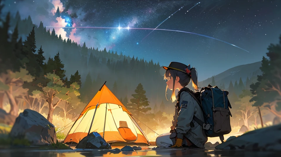 masterpiece, best quality, ultra-detailed, illustration, 1girl, short girl, young girl, beautiful, solo, looking away, outdoors, camping, night, mountains, nature, stars, moon, tent, twin ponytails, green eyes, cheerful, happy, backpack, sleeping bag, camping stove, water bottle, mountain boots, gloves, sweater, hat, flashlight, forest, rocks, river, wood, smoke, shadows, contrast, clear sky, constellations, Milky Way, peaceful, serene, quiet, tranquil, remote, secluded, adventurous, exploration, escape, independence, survival, resourcefulness, challenge, perseverance, stamina, endurance, observation, intuition, adaptability, creativity, imagination, artistry, inspiration, beauty, awe, wonder, gratitude, appreciation, relaxation, enjoyment, rejuvenation, mindfulness, awareness, connection, harmony, balance, texture, detail, realism, depth, perspective, composition, color, light, shadow, reflection, refraction, tone, contrast, foreground, middle ground, background, naturalistic, figurative, representational, impressionistic, expressionistic, abstract, innovative, experimental, unique, depth of field, bokeh