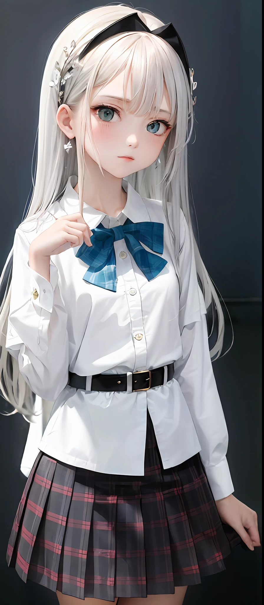 1girl, (masterpiece:1.1), (best quality:1.1), (white blouse:1.1), (plaid skirt:1.1), school uniform, high waist skirt, BREAK [blue:pink:0.5] theme, (gradient background:1.1 ), cowboy shot, BREAK silver hair, long hair,, green eyes, delicate headgear, looking sideways,