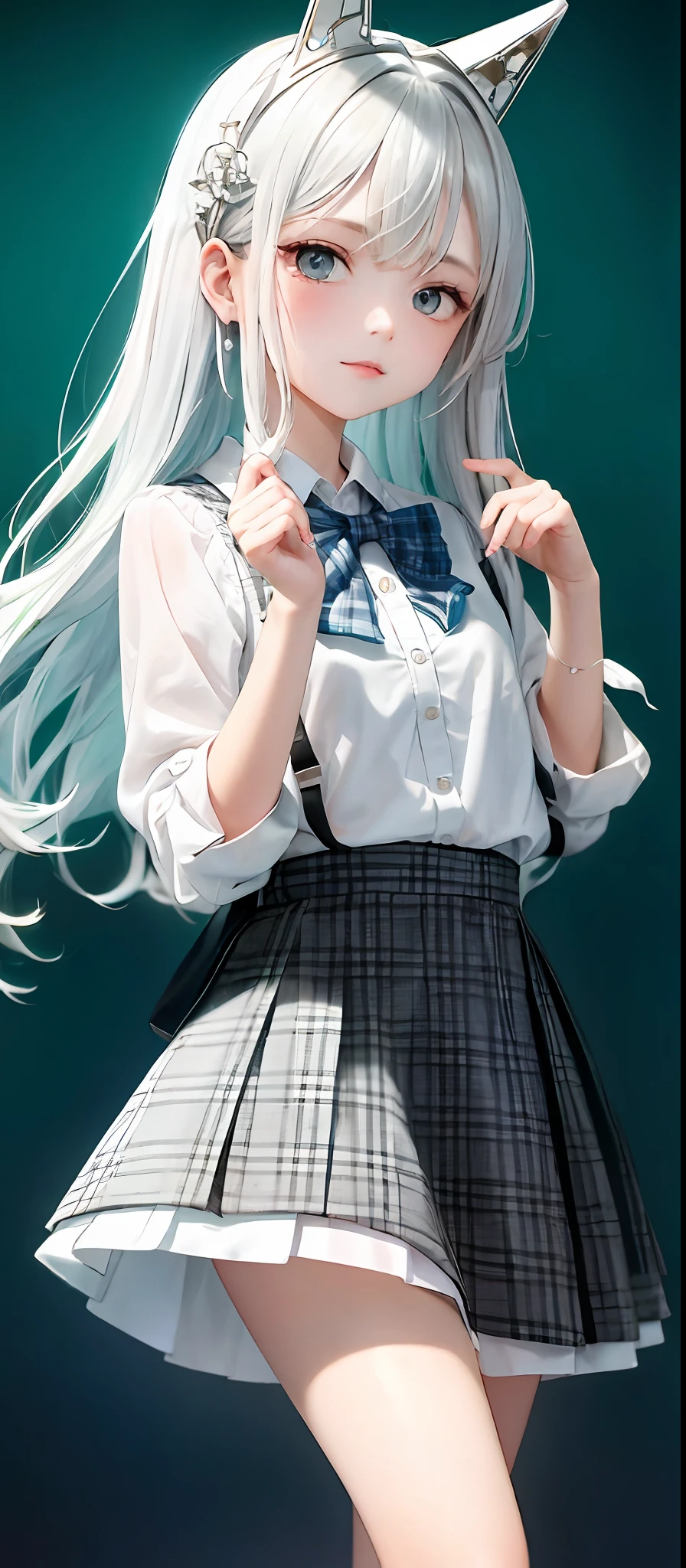 1girl, (masterpiece:1.1), (best quality:1.1), (white blouse:1.1), (plaid skirt:1.1), school uniform, high waist skirt, BREAK [blue:pink:0.5] theme, (gradient background:1.1 ), cowboy shot, BREAK silver hair, long hair,, green eyes, delicate headgear, looking sideways,