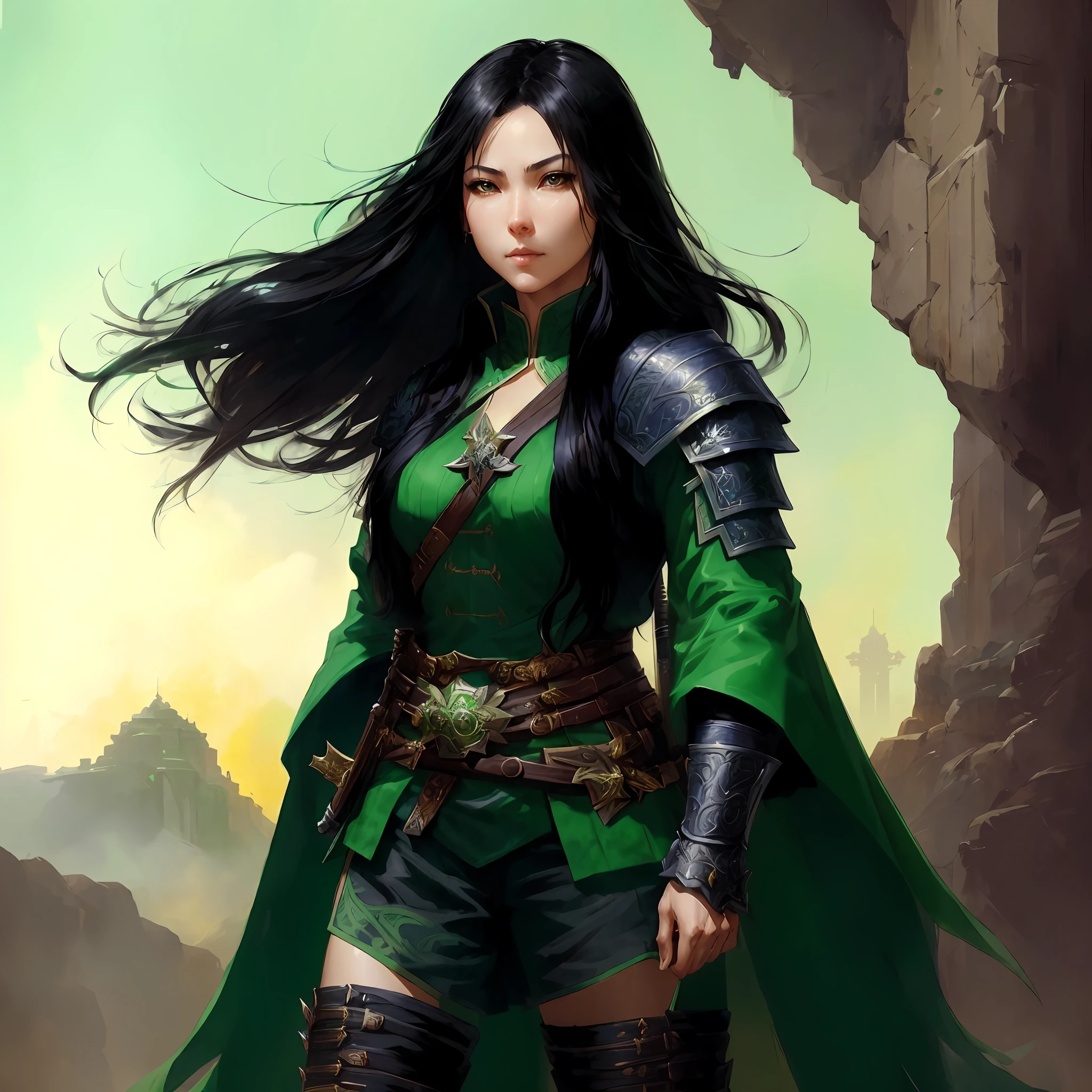 a close up of a woman in a green outfit with a sword, artgerm and ruan jia, by ruan jia and stanley artgerm, fantasy paladin woman, beautiful character painting, with a green cloak, stanley artgerm lau, fantasy characture portrait, green cloak, fantasy genre portrait, wearing green cloak