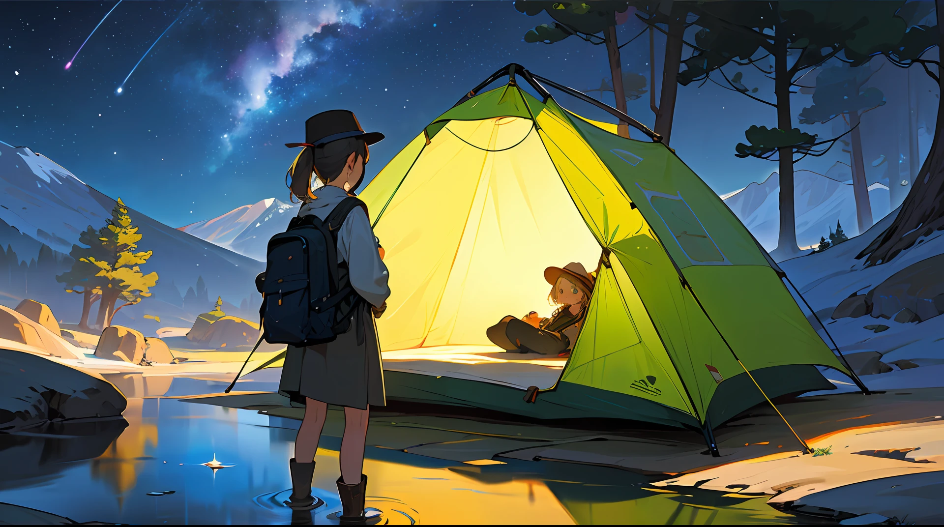 masterpiece, best quality, ultra-detailed, illustration, 1girl, short girl, young girl, beautiful, solo, looking away, outdoors, camping, night, mountains, nature, stars, moon, tent, twin ponytails, green eyes, cheerful, happy, backpack, sleeping bag, camping stove, water bottle, mountain boots, gloves, sweater, hat, flashlight, forest, rocks, river, wood, smoke, shadows, contrast, clear sky, constellations, Milky Way, peaceful, serene, quiet, tranquil, remote, secluded, adventurous, exploration, escape, independence, survival, resourcefulness, challenge, perseverance, stamina, endurance, observation, intuition, adaptability, creativity, imagination, artistry, inspiration, beauty, awe, wonder, gratitude, appreciation, relaxation, enjoyment, rejuvenation, mindfulness, awareness, connection, harmony, balance, texture, detail, realism, depth, perspective, composition, color, light, shadow, reflection, refraction, tone, contrast, foreground, middle ground, background, naturalistic, figurative, representational, impressionistic, expressionistic, abstract, innovative, experimental, unique, depth of field, bokeh