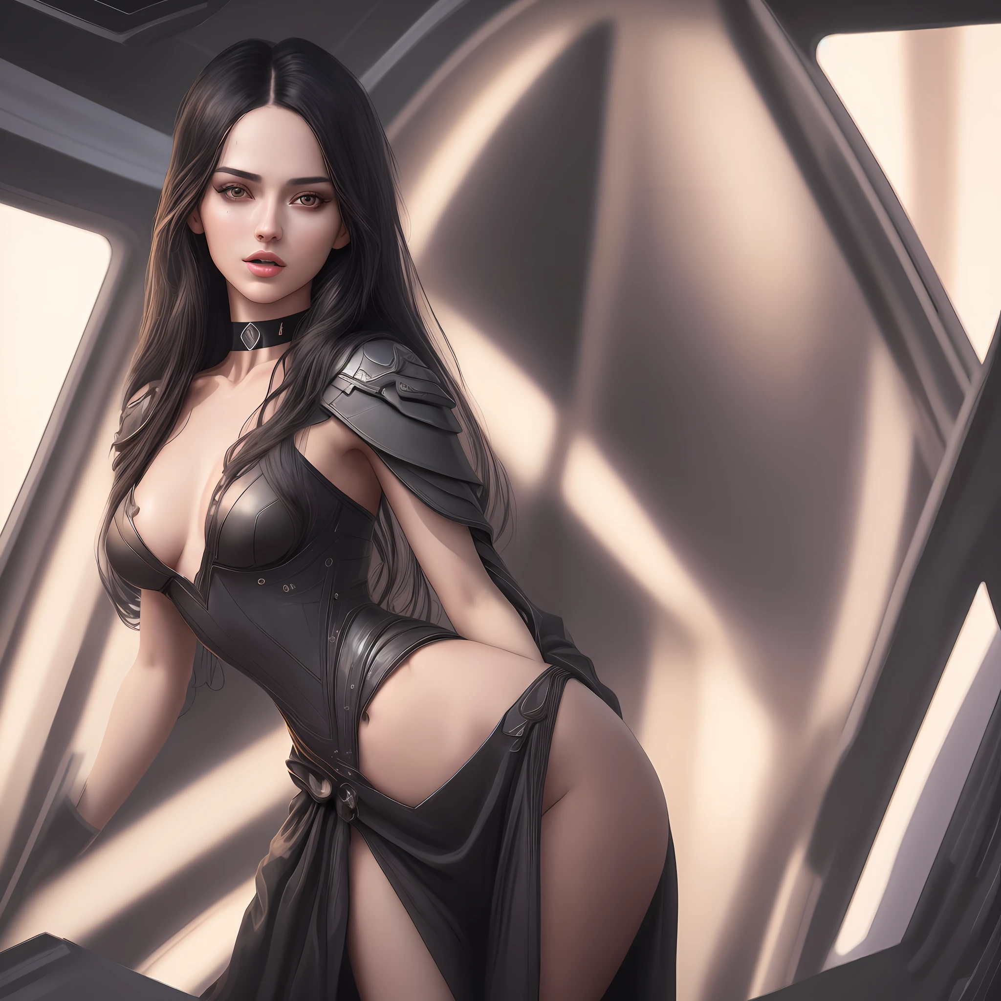 "Complete artwork masterpiece, high quality, ultra detailed in 4k, 8k, high resolution, hyper-realistic photo, hyper-detailed, realistic skin texture, amazing shadows, highly detailed background, extremely detailed texture, perfect lighting, high-level image quality." The female captain of a spaceship, space Future, looking trough the ship's windows, space on the back, fair skin, full body pic, long fancy black clothes, long black hair, brown eyes, defined face, half-open mouth, small breasts, choker, use woman from reference picture as role model,