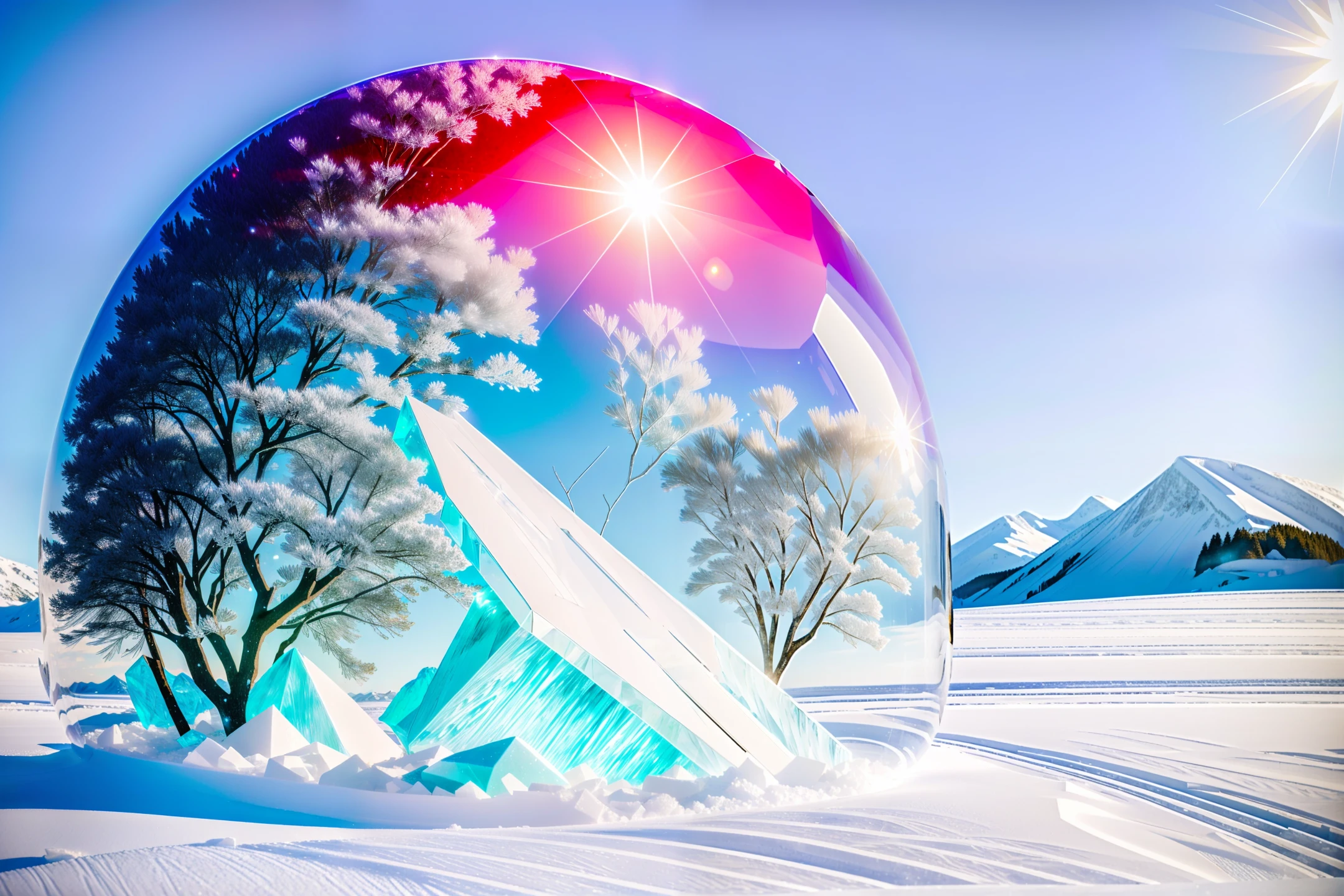 a huge stone mountain that is encased in a block of translucent frosty ice that has a red dragon perched on top of the mountain inside of the ice