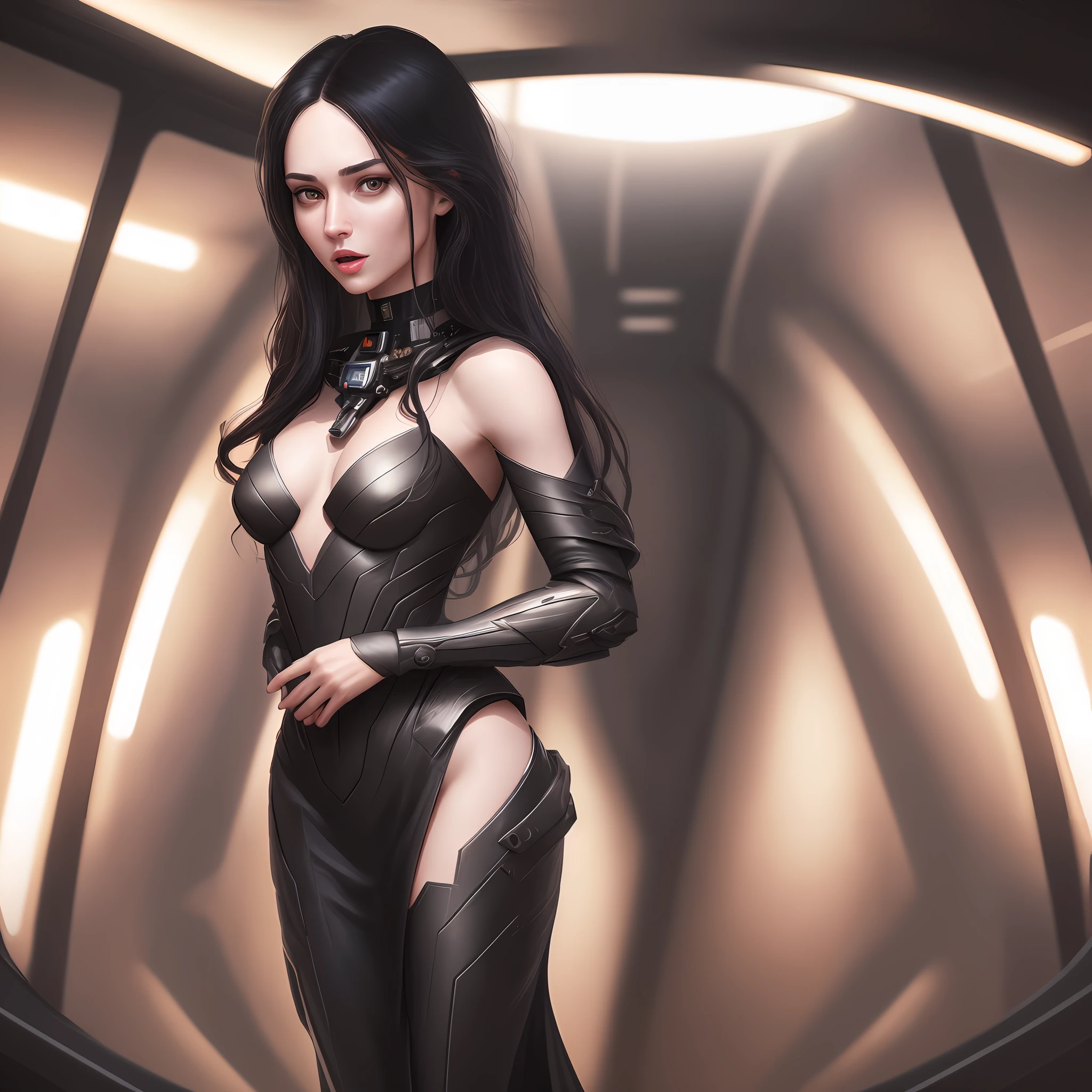 "Complete artwork masterpiece, high quality, ultra detailed in 4k, 8k, high resolution, hyper-realistic photo, hyper-detailed, realistic skin texture, amazing shadows, highly detailed background, extremely detailed texture, perfect lighting, high-level image quality." The female captain of a spaceship, space Future, looking trough the ship's windows, space on the back, fair skin, full body pic, long fancy black clothes, long black hair, brown eyes, defined face, half-open mouth, small ???????, choker, use woman from reference picture as role model,