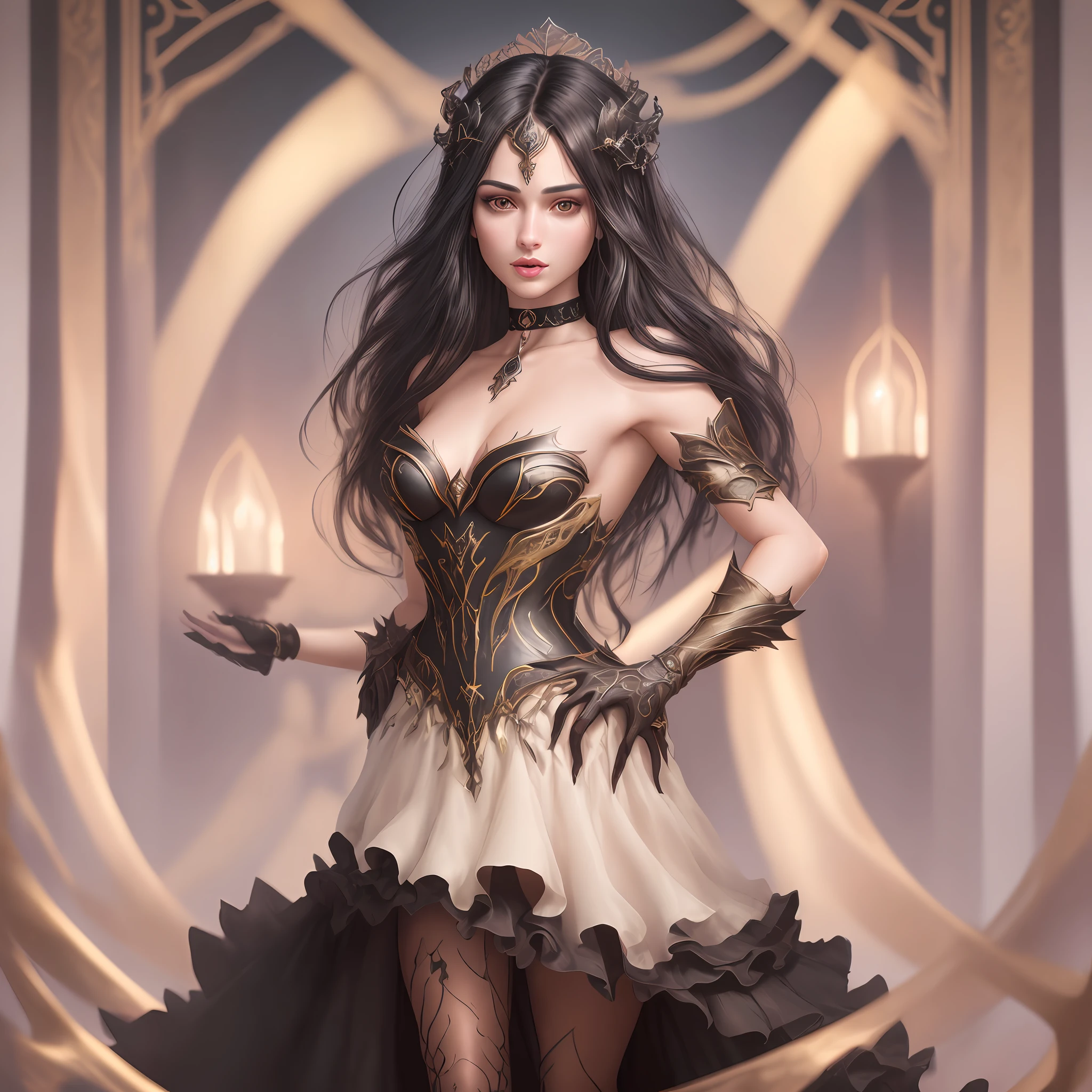 "Complete artwork masterpiece, high quality, ultra detailed in 4k, 8k, high resolution, hyper-realistic photo, hyper-detailed, realistic skin texture, amazing shadows, highly detailed background, extremely detailed texture, perfect lighting, high-level image quality." A queen of hdark fantasy realm, fair skin, full body pic, long elegant black dress, long black hair, brown eyes, defined face, half-open mouth, small breasts, choker, use woman from reference picture as role model, night lights, high detailed background of fantasy realm night.