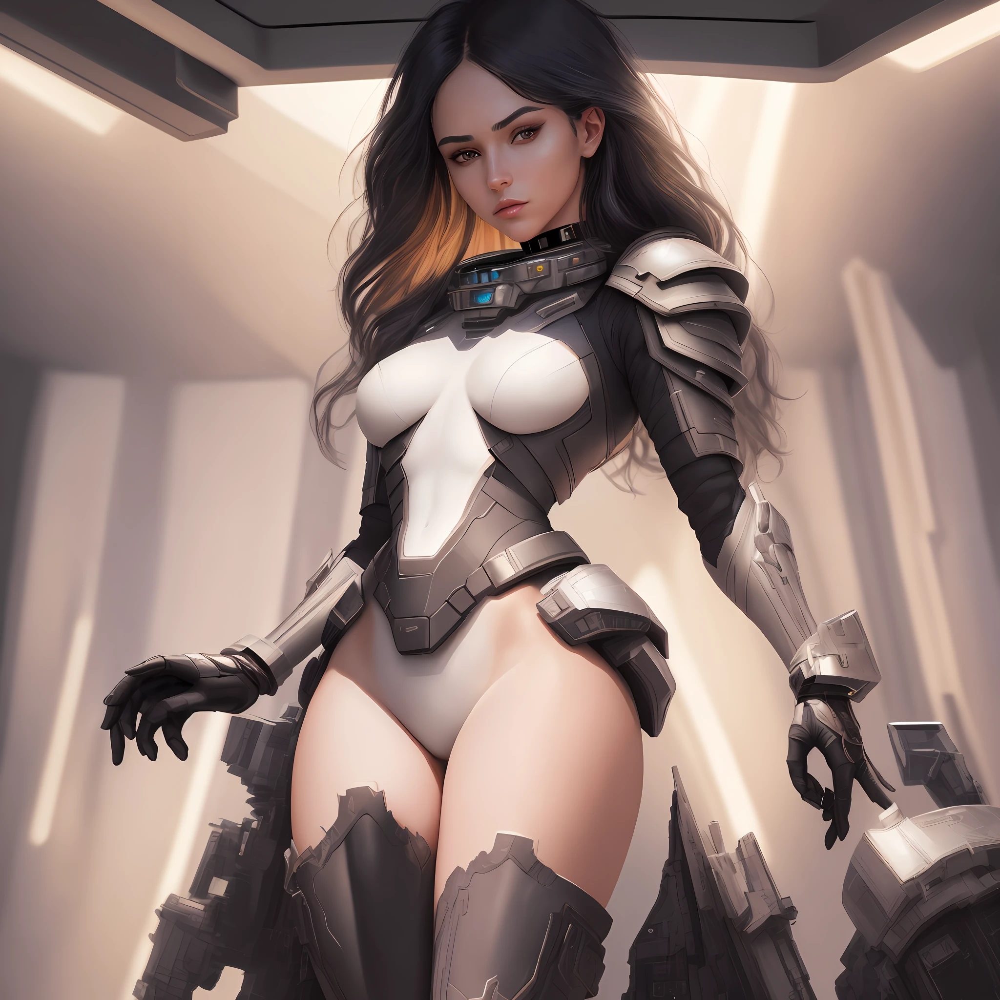 "Complete artwork masterpiece, high quality, ultra detailed in 4k, 8k, high resolution, hyper-realistic photo, hyper-detailed, realistic skin texture, amazing shadows, highly detailed background, extremely detailed texture, perfect lighting, high-level image quality." The female captain of a spaceship in Black Future armor, space Future, looking trough the ship's windows, space on the back, fair skin, full body pic, long black hair, brown eyes, defined face, small breasts, choker, use woman from reference picture as role model,
