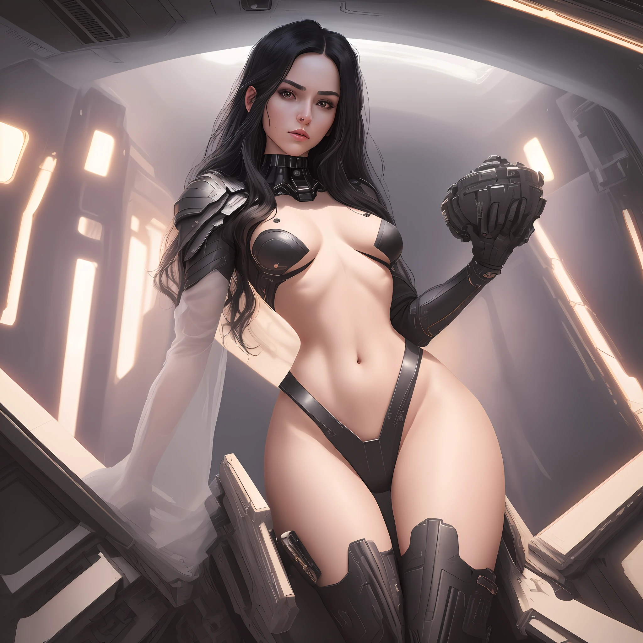 "Complete artwork masterpiece, high quality, ultra detailed in 4k, 8k, high resolution, hyper-realistic photo, hyper-detailed, realistic skin texture, amazing shadows, highly detailed background, extremely detailed texture, perfect lighting, high-level image quality." The female captain of a spaceship in Black Future armor, space Future, looking trough the ship's windows, space on the back, fair skin, full body pic, long black hair, brown eyes, defined face, small breasts, choker, use woman from reference picture as role model,