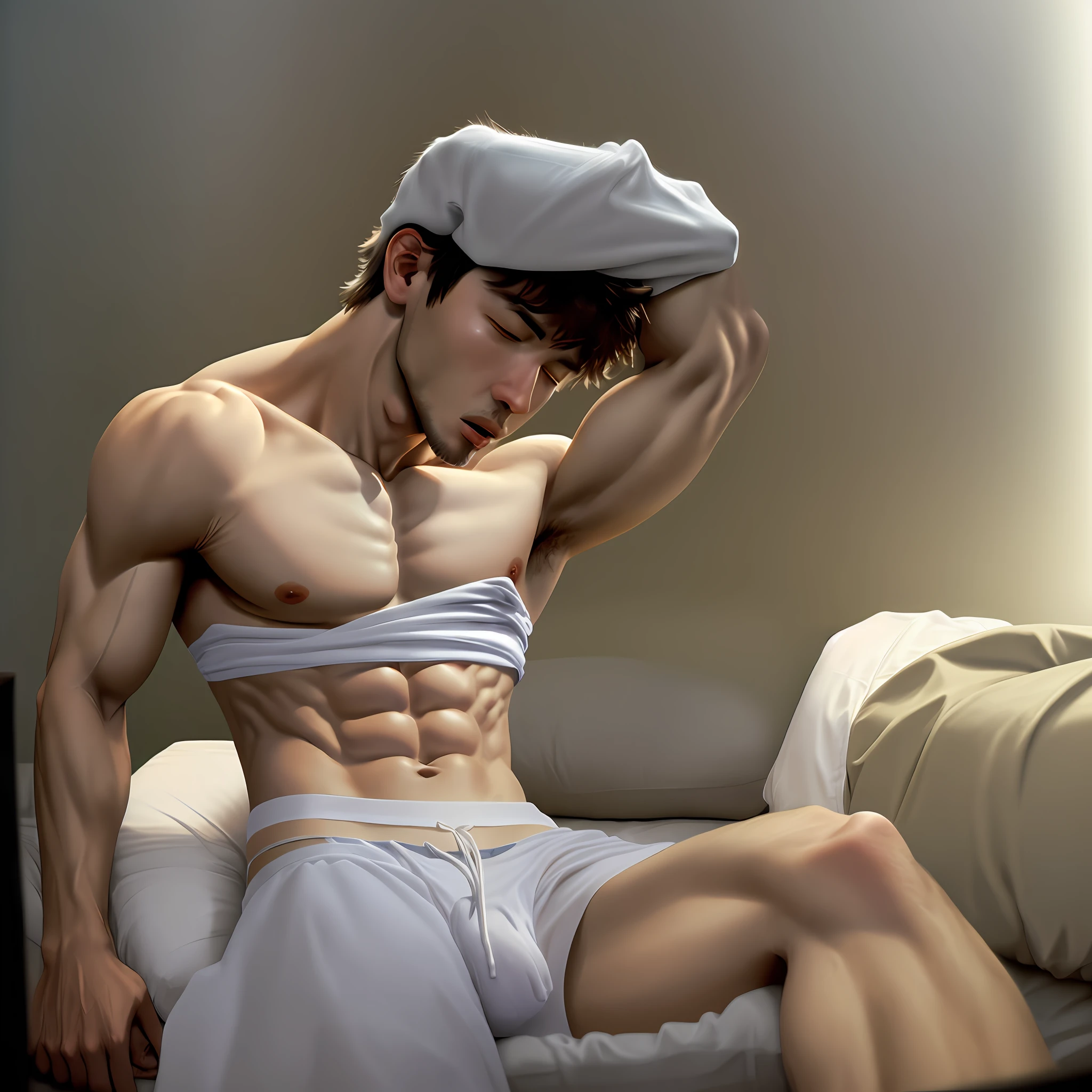 Thin muscles handsome guy, upper body naked, lower body naked, white transparent panties, panties soaked, erect, sleeping position on the body, enjoy the expression