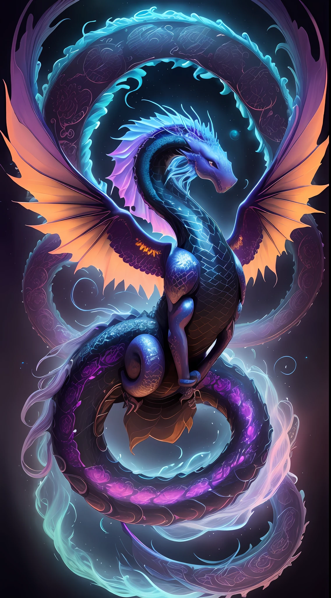 Hello, IA! Please create a Dark creature, Nimbus, the Heavenly Serpent
. Explore your creativity to portray this mystical and imaginary creature. Play with vibrant colors, unique shapes and intriguing textures to make the image unique and engaging. I'm excited to see your artistic interpretation of the Dark creature, Do Nimbus, the Celestial Serpent