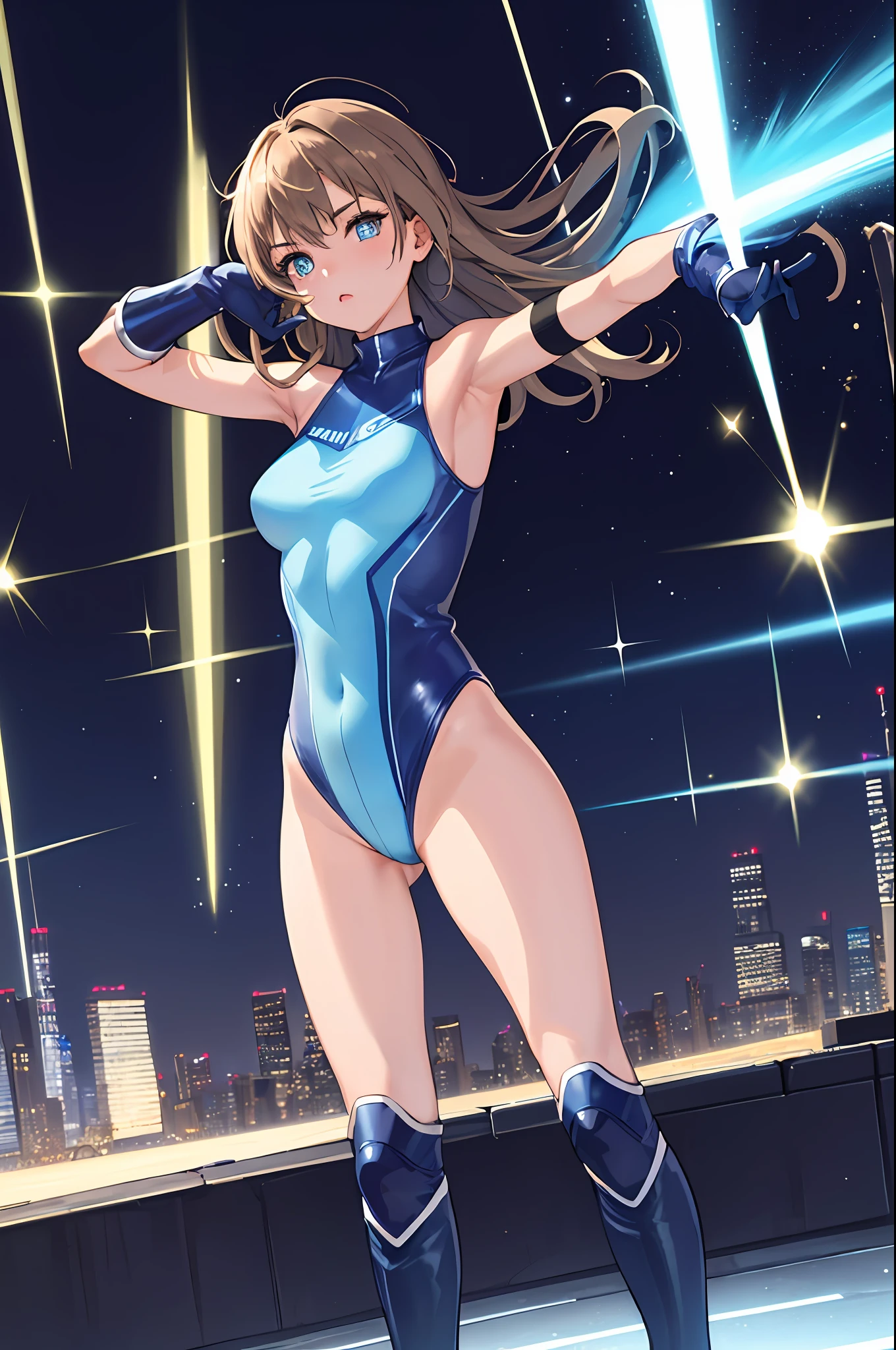 masterpiece, best quality, highres, 1girl, solo, superhero, leotard, bare legs, boots, matching boots, aura, blue aura, sleeveless, gloves, bracelets, matching gloves, looking at viewer, light particles, city backdrop, perfect hands, perfect eyes, powering up, perfect leotard, perfect legs, perfect arms, perfect fingers,
