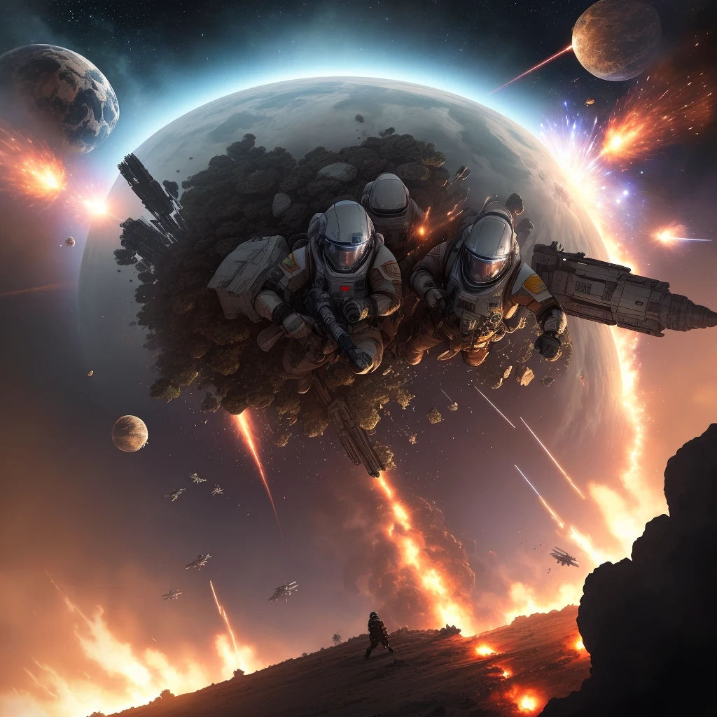 [(war scene and frantic action in battle in space),(2 soldiers),(space combat suits),(aliens),(gerra spaceships),(destruction),(blood),(enemies)]