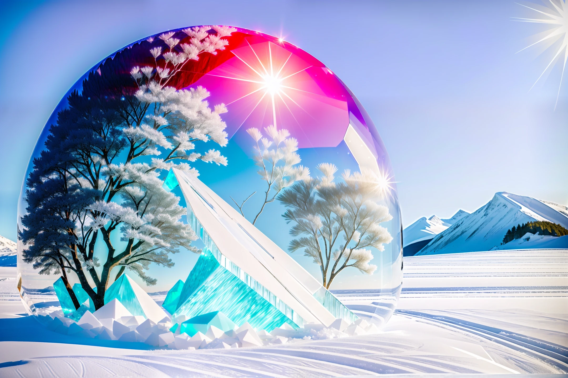 a huge stone mountain that is encased in a block of translucent frosty ice that has a red dragon perched on top of the mountain inside of the ice