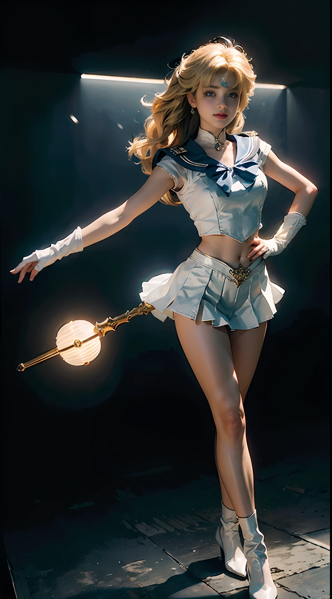 (CG Unity 8K wallpaper with extreme detail, masterpiece, highest quality), (exquisite lighting and shadow, highly dramatic picture, cinematic lens effect), (Sailor Moon: 1.1), charming smile, double tail, vibrant blue eyes, looking at the viewer with blond hair, white tight-fitting top, white gloves, mini skirt, dynamic pose), the background is the universe (excellent detail, excellent lighting, wide angle), (excellent rendering, enough to stand out in its class),