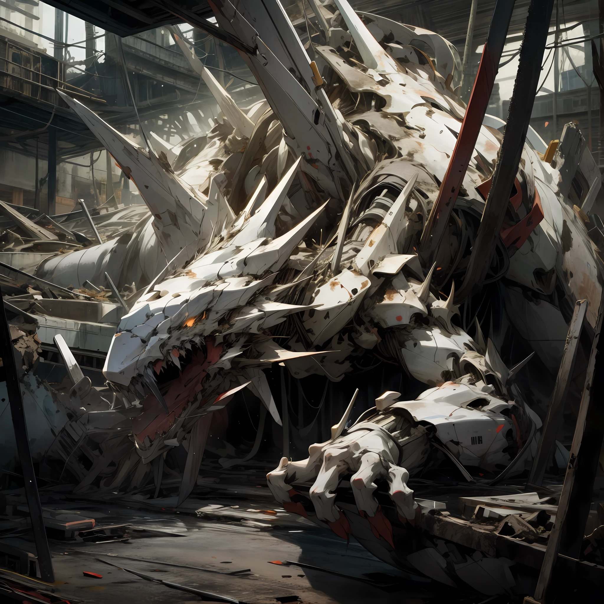 Mecha with the head of a dragon, 2 claws, broken, laying on the ground, in a destroyed city, white color, lights off