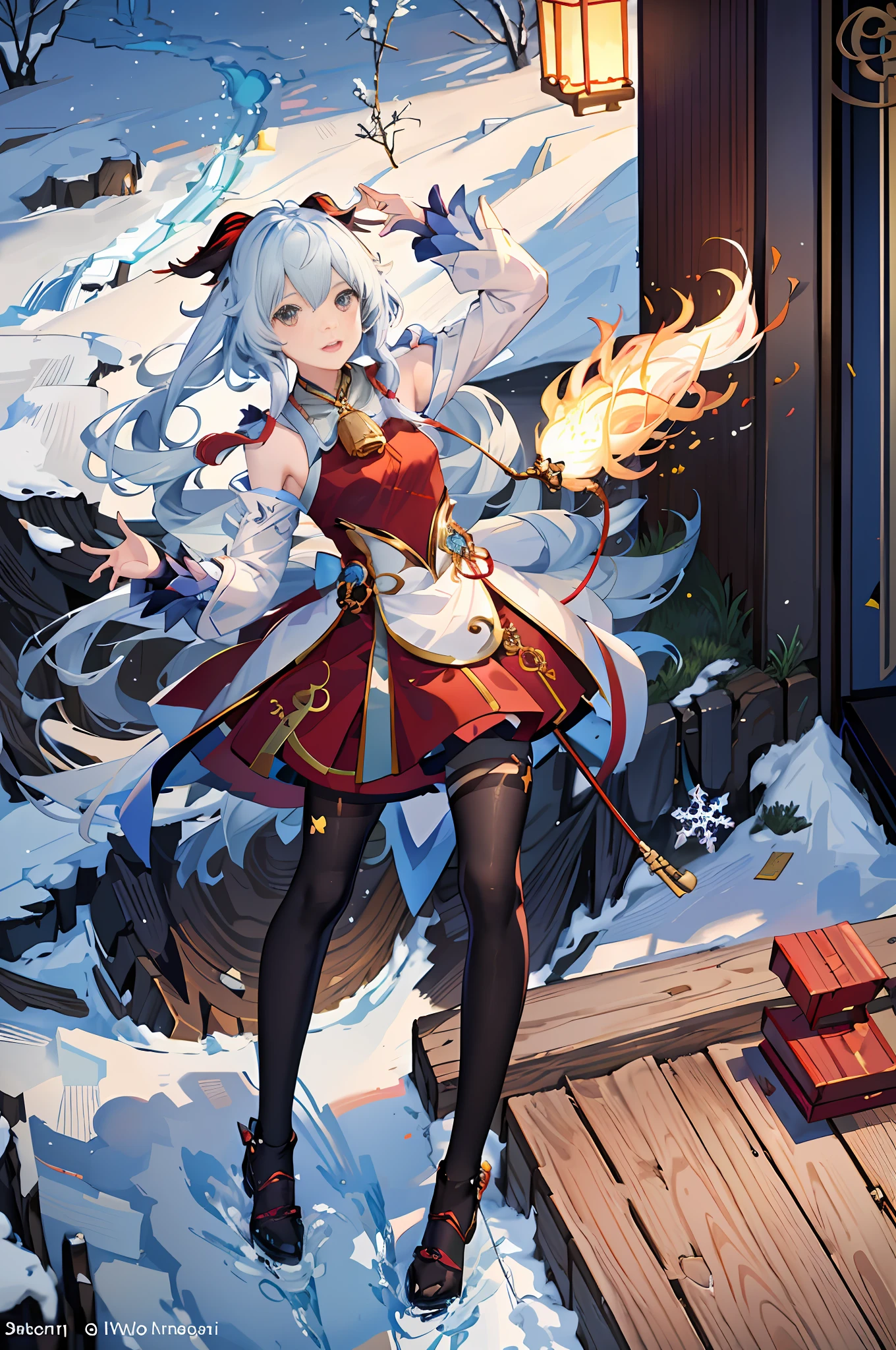 (8K anime wallpaper + 4K anime wallpaper), (ganyu: 1.2), (anime moe art style + ganyu + splash art), (violin + falling snowflake + rin), ((detailed key anime art, + Artgerm and Atey Ghailan: 1.2), girls, light smoke ribbon), panoramic cloud wide angle inside, perspective side, daytime, winter, snowflake)