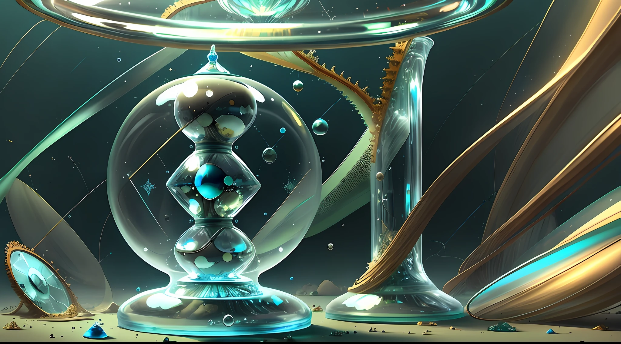 1glass hourglass, time counter, sand falling from top to bottom, transparent greenish, digital human in blue color