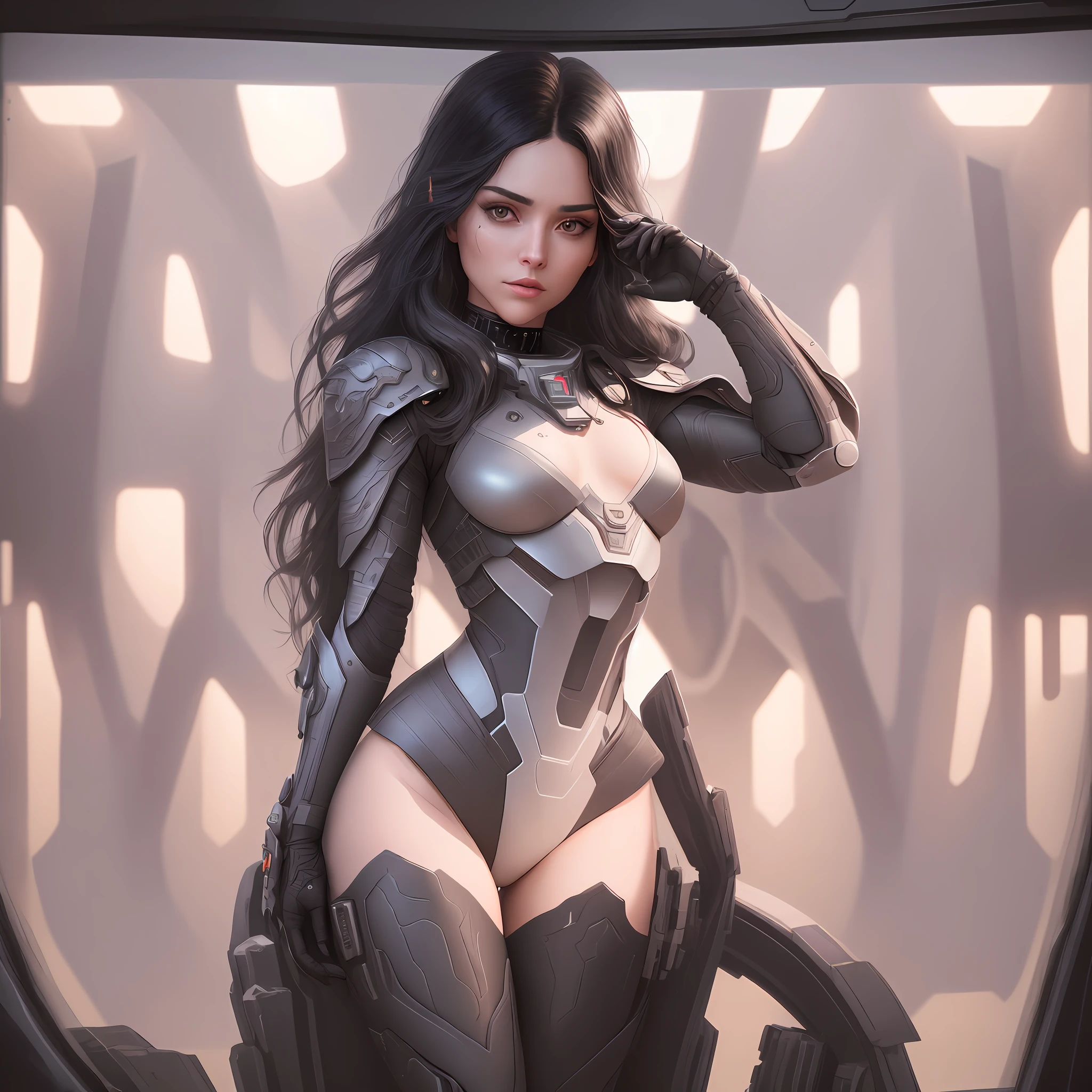 "Complete artwork masterpiece, high quality, ultra detailed in 4k, 8k, high resolution, hyper-realistic photo, hyper-detailed, realistic skin texture, amazing shadows, highly detailed background, extremely detailed texture, perfect lighting, high-level image quality." The female captain of a spaceship in Black Future armor, space Future, looking trough the ship's Glass windows, space on the back, fair skin, full body pic, long black hair, brown eyes, defined face, small breasts, choker, use woman from reference picture as role model,