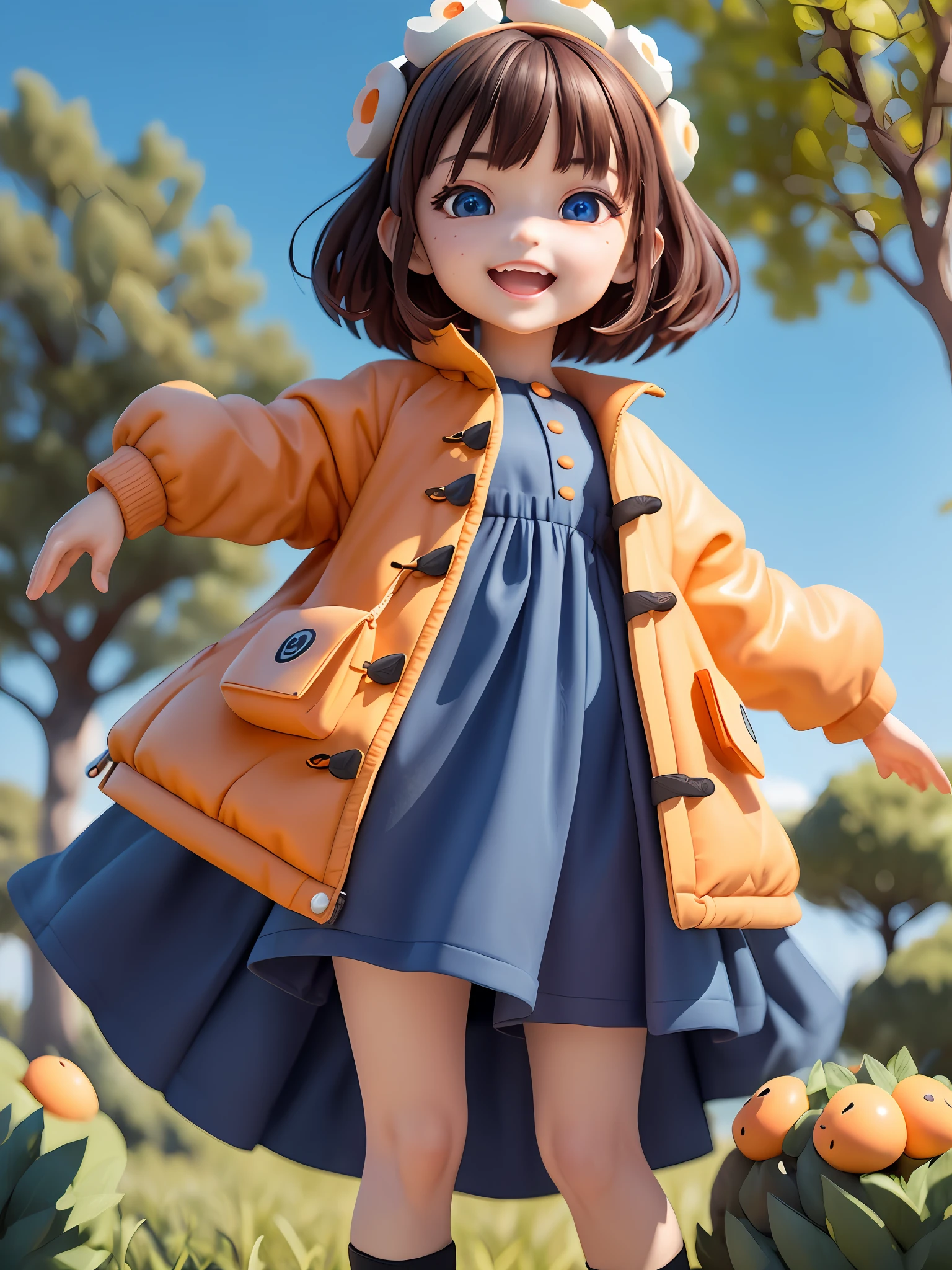 (Daisaku), (Extreme), (Ultra Detailed), (Prime: 1.9), 1girl, Sunshine, Cute, Orange, (Big Head: 1.8), Doll, Smile, Open Mouth, Urban, Fashion, Coat, Blush, Tree, Shirt, Short Hair, Blue, Sky Blue Headdress, Blurry, Long Sleeves, Bangs, Brunette Hair, (Beautiful Delicate Face), (Beautiful Delicate Eyes),
