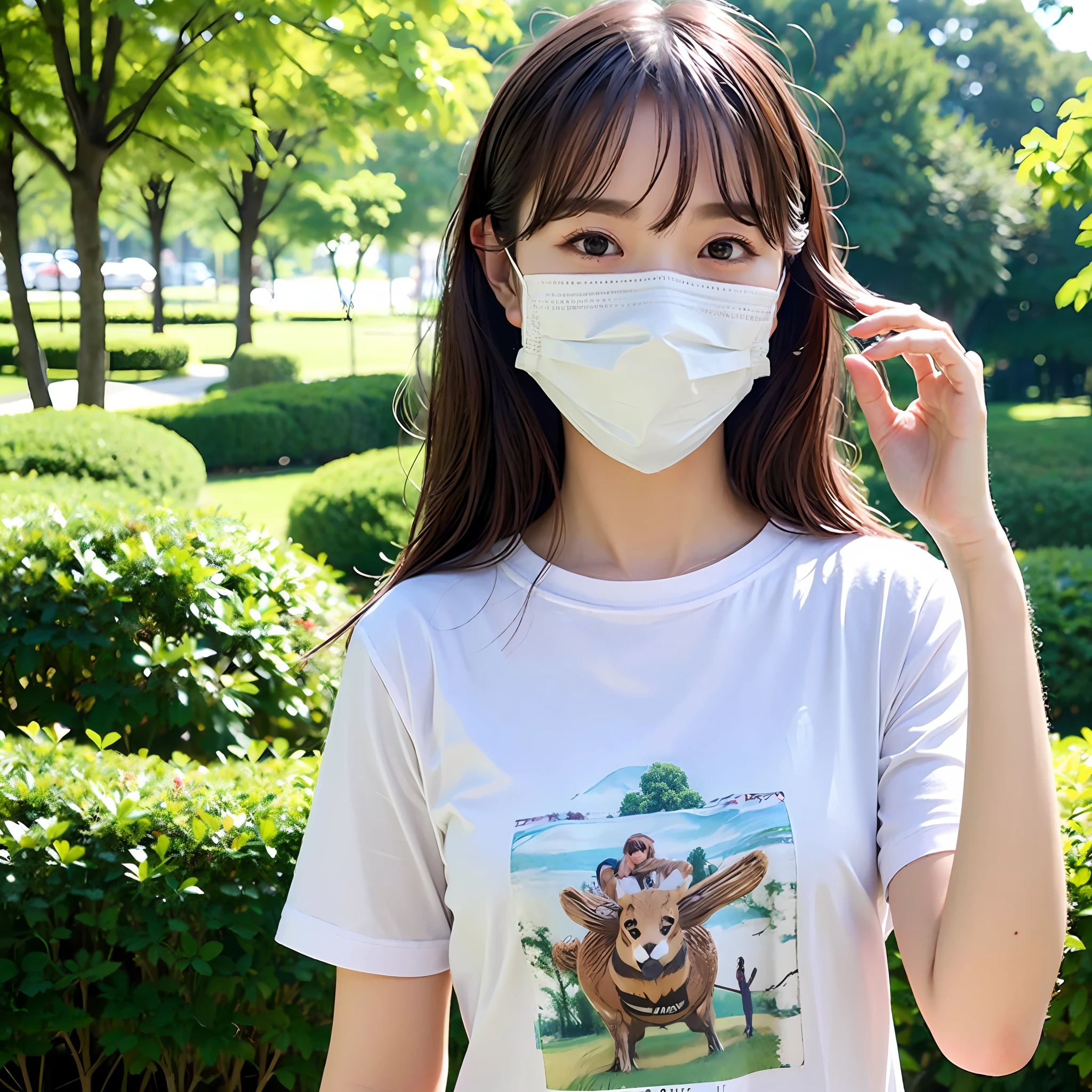 (Solo:2)), 1Girl, Best Quality, Realistic, Photorealistic, Best Quality, Masterpiece, Very Delicate and Beautiful, Very Detailed, Very Detailed, (half body shot:1.2), Fine Detail, Ultra Detail, High Definition, Very Detailed, Realistic, Ultra High Definition, (Real:1.4), High Quality Textures, T-Shirt, Mask, In Parks, hime cut