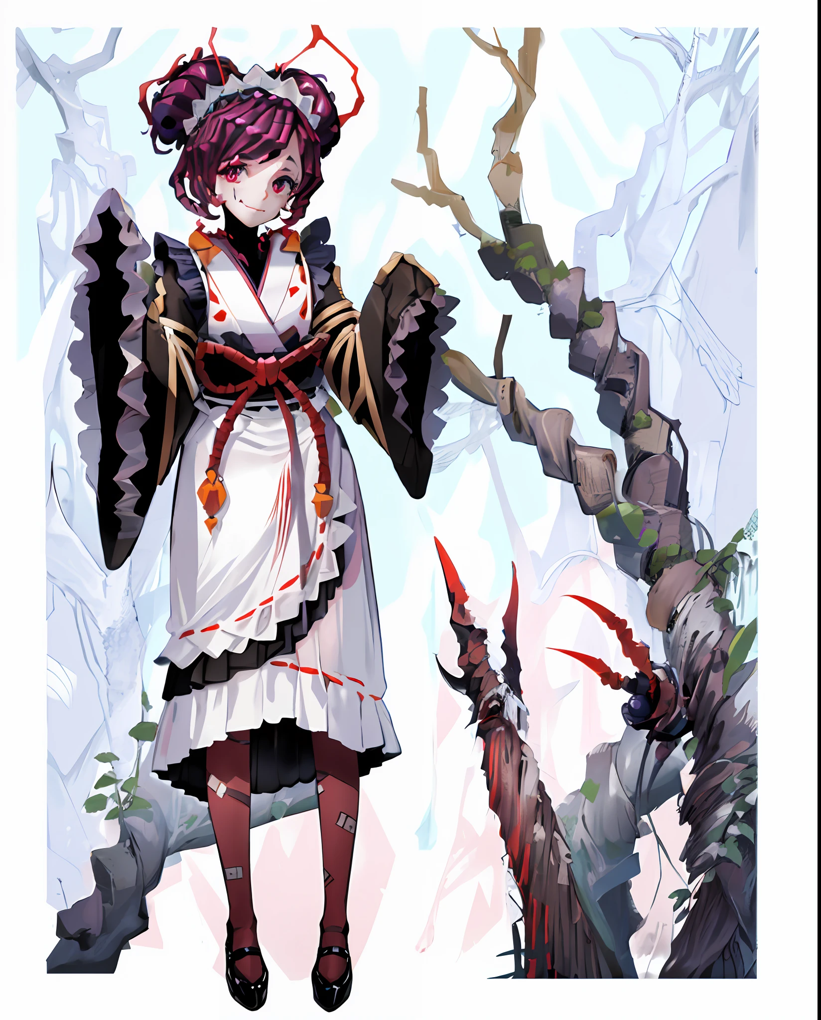 ((overlordentoma)), (masterpiece), (super detailed), (strong outlines), (((((simple background, transparent background))))), (face), (((1girl, solo))), looking at viewer, smile, short hair, long sleeves, standing, very close portrait, red eyes, purple hair, pantyhose, frills, japanese clothes, shoes, wide sleeves, kimono, hair bun, black footwear, apron, sleeves past wrists, maid, maid headdress, fangs, standing on one leg, monster girl, colored sclera, antennae, arthropod girl, purple pantyhose, digital art, beautiful, detailed, perfect anatomy, portrait, portrait, portrait portrait, 8K, clear, good lighting, detailed, extremely detailed, sharp focus, intricate, beautiful, realistic+++, complementary colors, high quality, hyper detailed, masterpiece, best quality, artstation, stunning