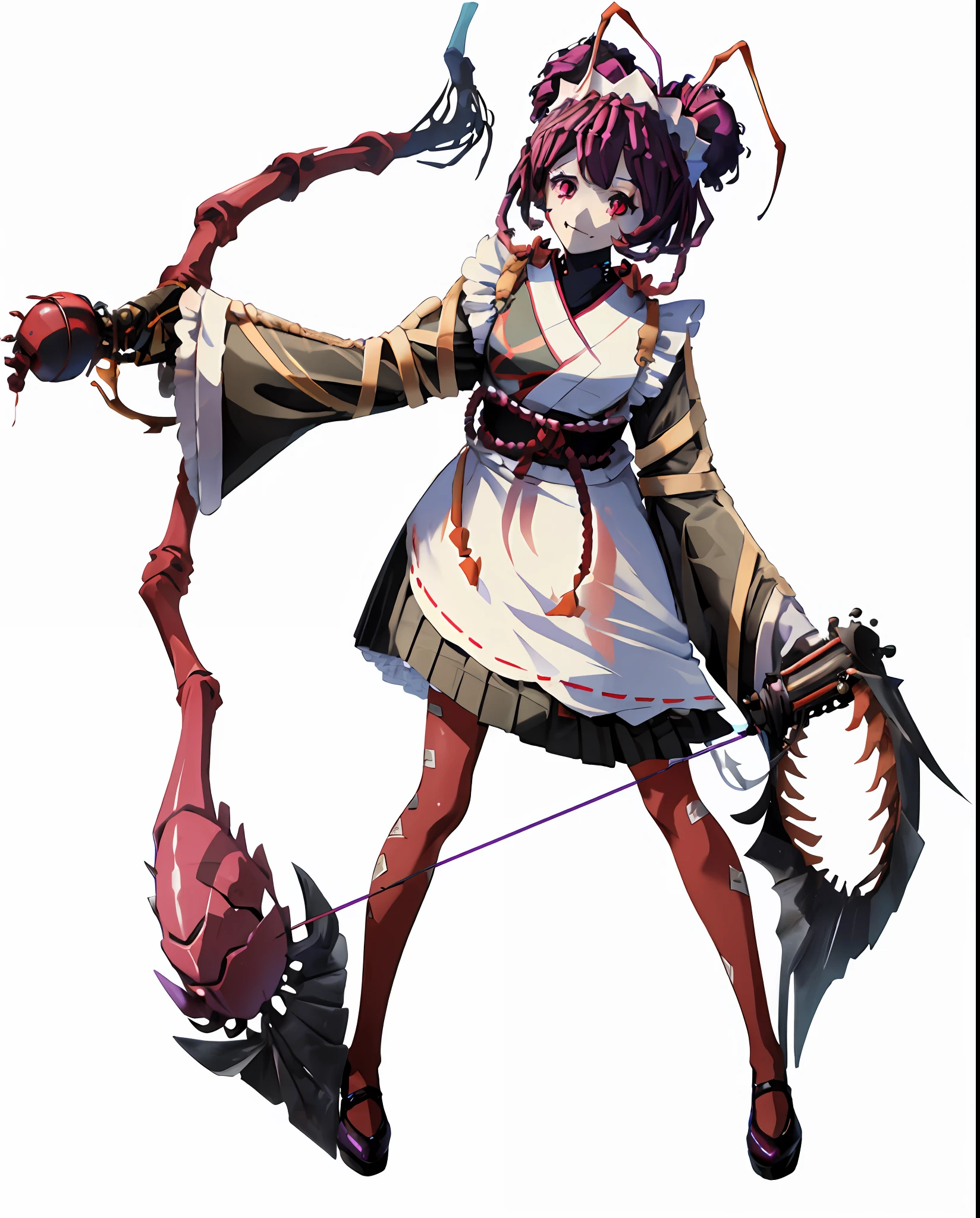 ((overlordentoma)), (masterpiece), (super detailed), (strong outlines), (((((simple background, transparent background))))), (face), (((1girl, solo))), looking at viewer, smile, short hair, long sleeves, standing, very close portrait, red eyes, purple hair, pantyhose, frills, japanese clothes, shoes, wide sleeves, kimono, hair bun, black footwear, apron, sleeves past wrists, maid, maid headdress, fangs, standing on one leg, monster girl, colored sclera, antennae, arthropod girl, purple pantyhose, digital art, beautiful, detailed, perfect , portrait, portrait, portrait portrait, 8K, clear, good lighting, detailed, extremely detailed, sharp focus, intricate, beautiful, realistic+++, complementary colors, high quality, hyper detailed, masterpiece, best quality, artstation, stunning
