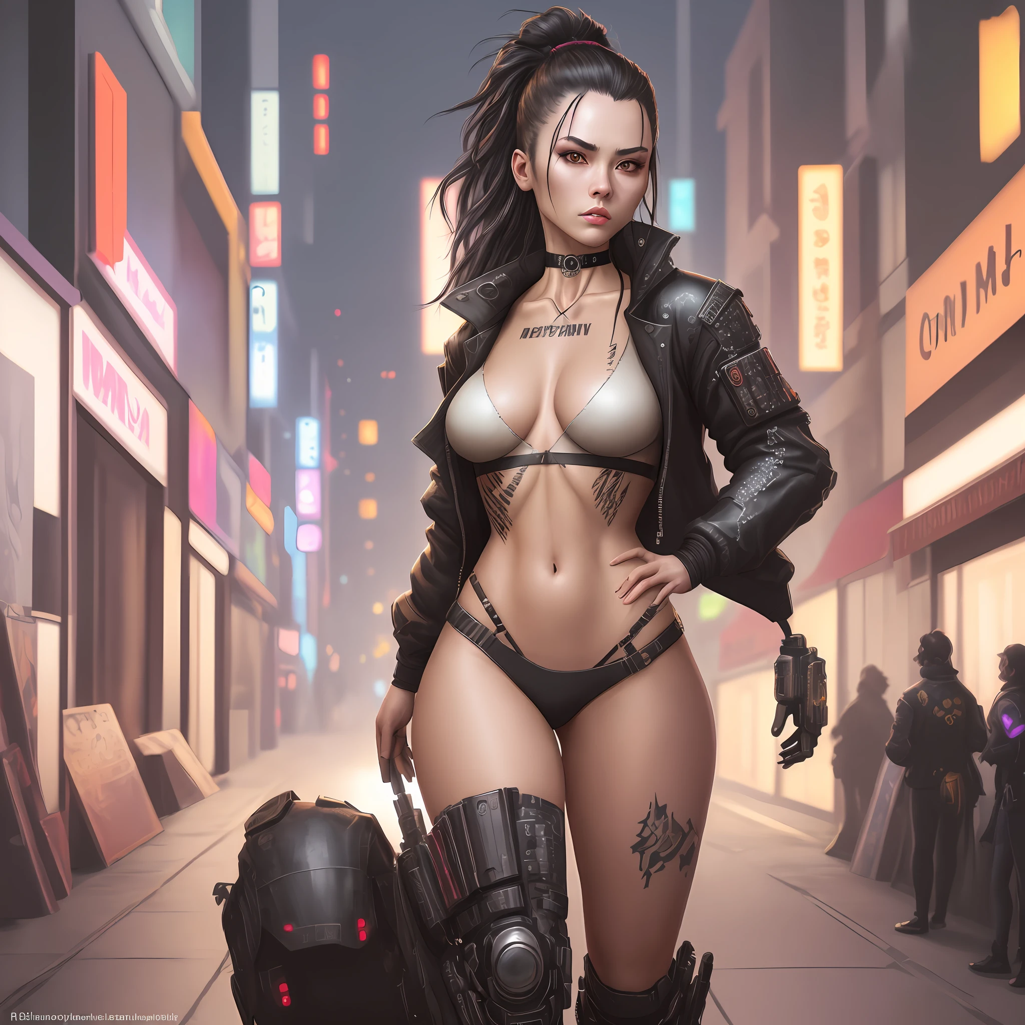 "Complete artwork masterpiece, high quality, ultra detailed in 4k, 8k, high resolution, hyper-realistic photo, hyper-detailed, realistic skin texture, amazing shadows, highly detailed background, extremely detailed texture, perfect lighting, high-level image quality." A female street samurai from a cyberpunk Future, Black jacket, inspired by shadowrun, fair skin, full body pic, long black hair, brown eyes, defined face, small breasts, choker, use woman from reference picture as role model, city at night, night lights