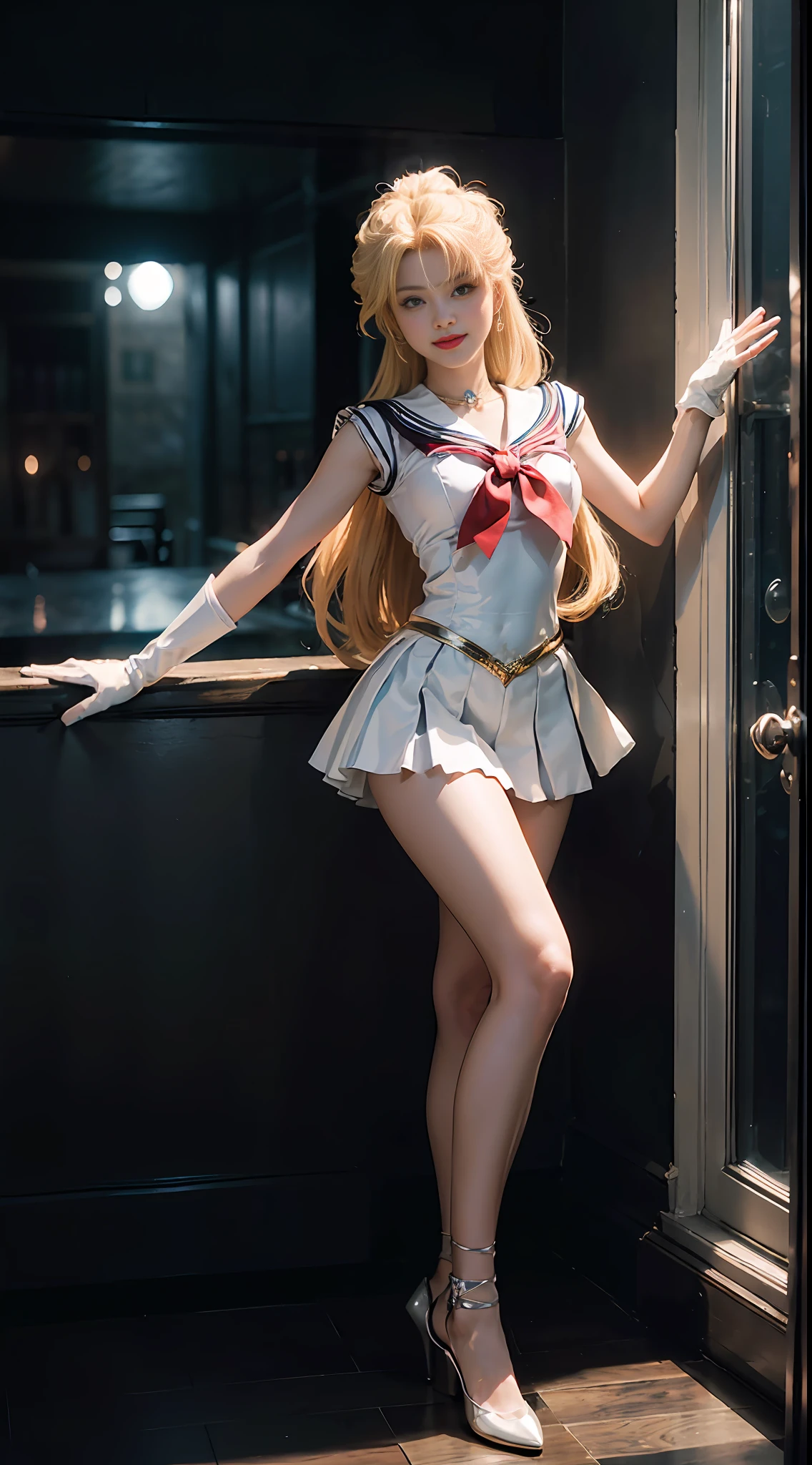 (CG Unity 8K wallpaper with extreme detail, masterpiece, highest quality), (exquisite lighting and shadow, highly dramatic picture, cinematic lens effect), (Sailor Moon: 1.1), charming smile, double tail, vibrant blue eyes, looking at the viewer with blond hair, white tight-fitting top, white gloves, mini skirt, dynamic pose), the background is the universe (excellent detail, excellent lighting, wide angle), (excellent rendering, enough to stand out in its class),