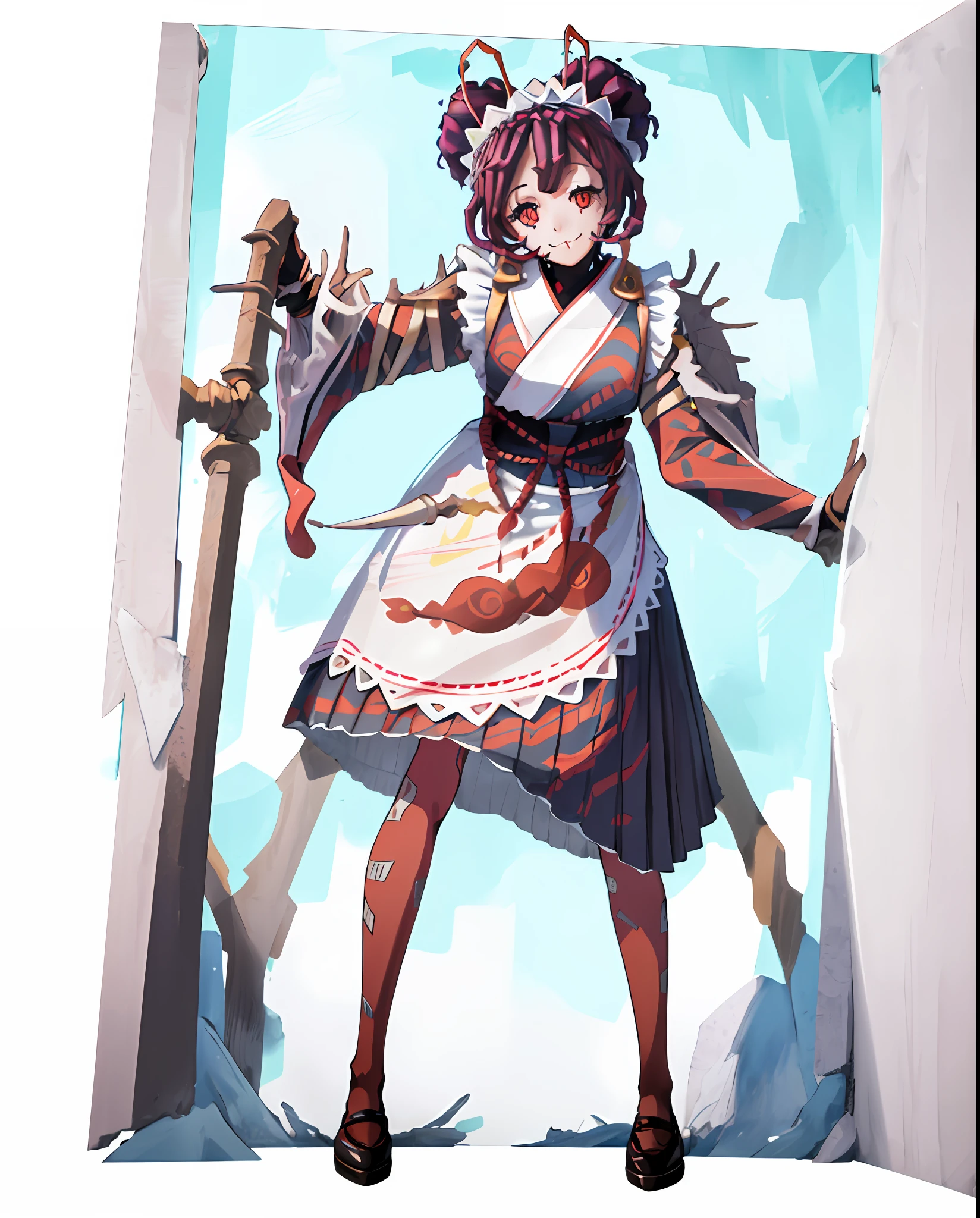 ((overlordentoma)), (masterpiece), (super detailed), (strong outlines), (((((simple background, transparent background))))), (face), (((1girl, solo))), looking at viewer, smile, short hair, long sleeves, standing, very close portrait, red eyes, purple hair, pantyhose, frills, japanese clothes, shoes, wide sleeves, kimono, hair bun, black footwear, apron, sleeves past wrists, maid, maid headdress, fangs, standing on one leg, monster girl, colored sclera, antennae, arthropod girl, purple pantyhose, digital art, beautiful, detailed, perfect anatomy, portrait, portrait, portrait portrait, 8K, clear, good lighting, detailed, extremely detailed, sharp focus, intricate, beautiful, realistic+++, complementary colors, high quality, hyper detailed, masterpiece, best quality, artstation, stunning