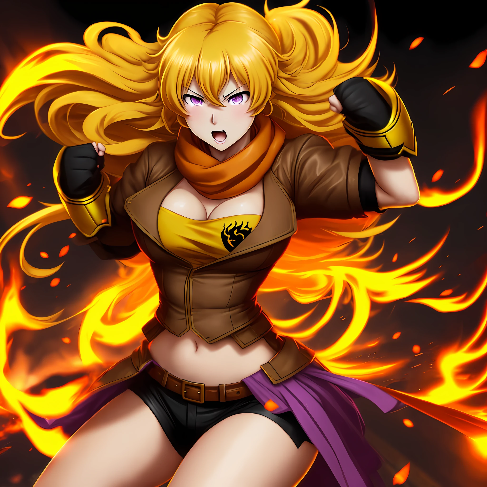 Yang Xiao long, angry, flaming hair, yang xiao long, ahoge, purple eyes, gigantic breasts, hyper breasts, hyperbreast, brown jacket, yellow tube top, black shorts, black fingerless gloves, orange scarf, waist cape, midriff, cleavage, in a discoteque, fighting pose