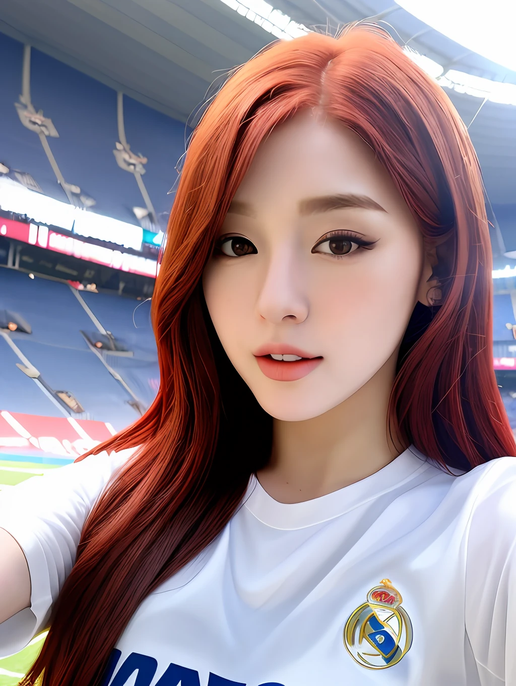 realistic photos of (1 cute Korean star) medium red hair, light makeup, medium breasts size, wearing Real Madrid t-shirt, selfie, at the stadium, clear facial features of Canon EOS, 8K high resolution, sharp and realistic details.
