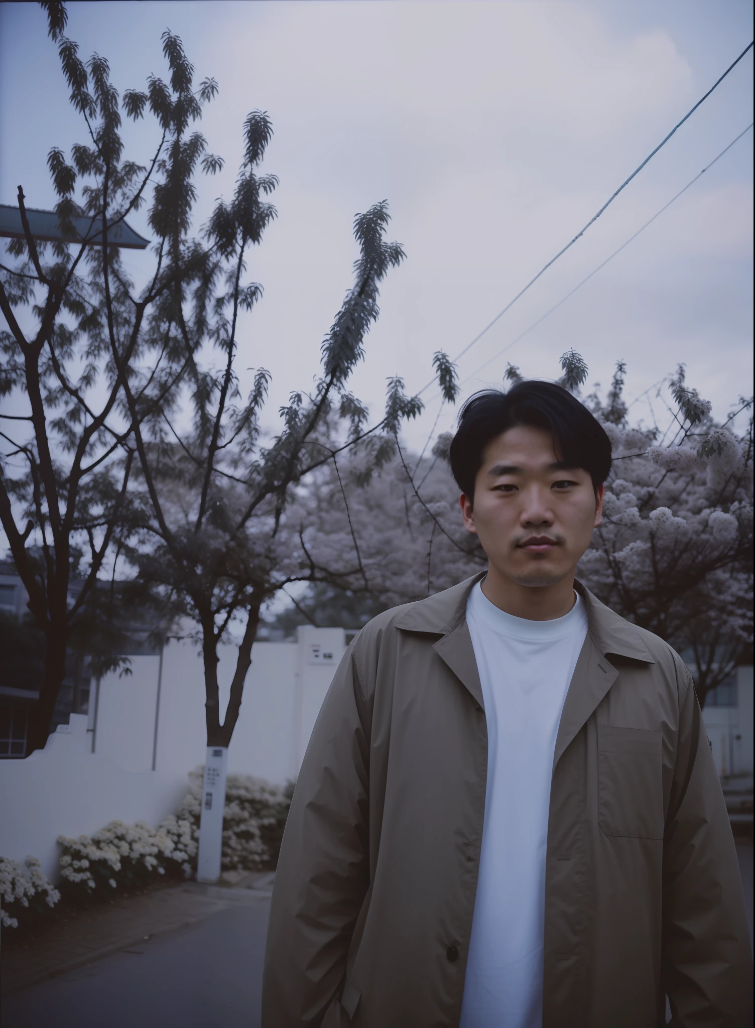 there is a man standing in front of a tree with flowers, lofi, joongwon jeong, shigeto hirai yuya, lo fi, lofi portrait, 35mm color, disposable camera photo, 3 5 mm color, shigeto koyama, sangsoo jeong, seseon yoon, rinko kawauchi, jinsung lim