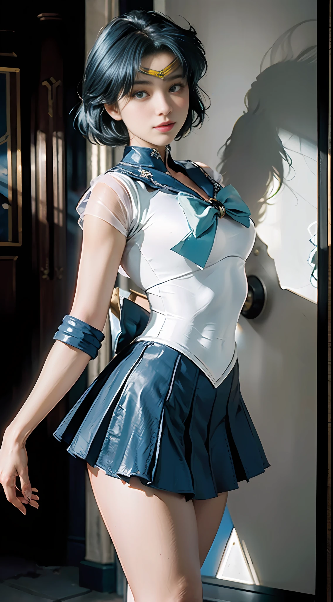 (Extreme Detail CG Unity 8K wallpaper, masterpiece, highest quality), (Exquisite lighting and shadow, highly dramatic picture, Cinematic lens effect), (Sailor Moon: 1.1), blue hair, oriental face, white tights, blue bow, white gloves, blue skirt, charming smile, vibrant black eyes, white tights, white gloves, mini skirt, dynamic pose), cosmos in the background (excellent detail, outstanding lighting, wide angle), ( The rendering is excellent enough to stand out in its class),