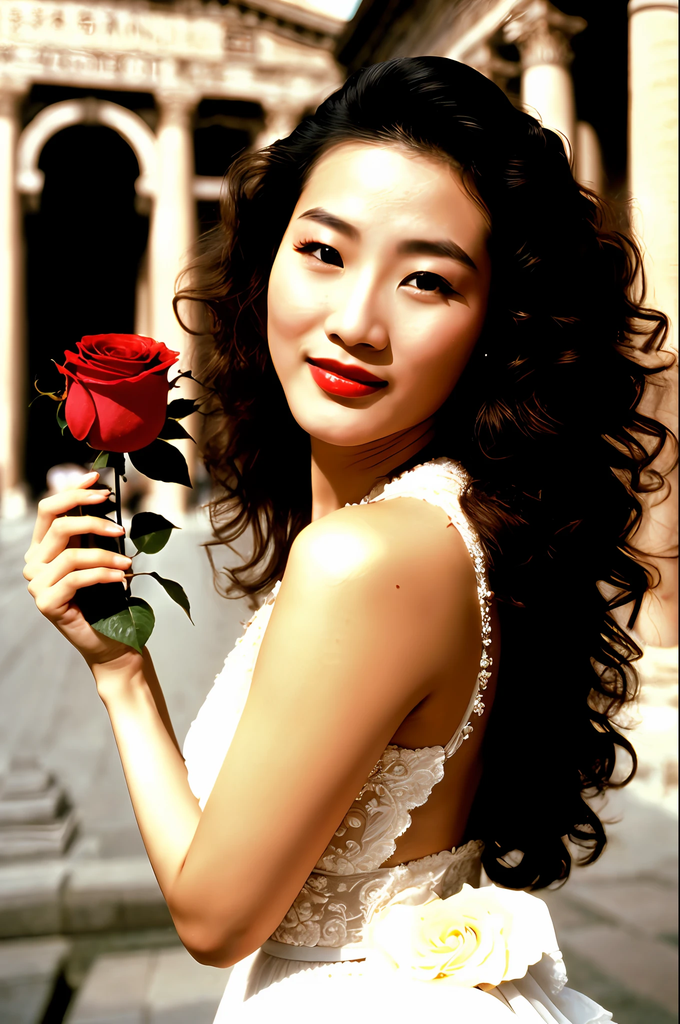 bEautiful Chinese woman, ((wide shot)), singer, ((1987)), curly hair, ((sexy)), ultra detailed, ultra realistic, (((perfect face))),rOME PANTHEON, FINE DRESS, HOLDING A ROSE ON HER HAND