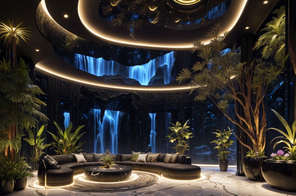 incredible black luxurious futuristic living room interior in Ancient Egyptian style with many (((lush plants, gorgeous flowers))), (lotus flowers), ((palm trees)), rocky walls, ((sand)), ((waterfalls)) (marble), ((precious minerals)), ((metals)), (gemstones), crystals, clouds and (water), (curvy futuristic furniture), crocodiles, (hieroglyphics), (((ultra luxury))), (black marble) – with ((beautiful lights)), Unreal Engine, HQ, 16k
