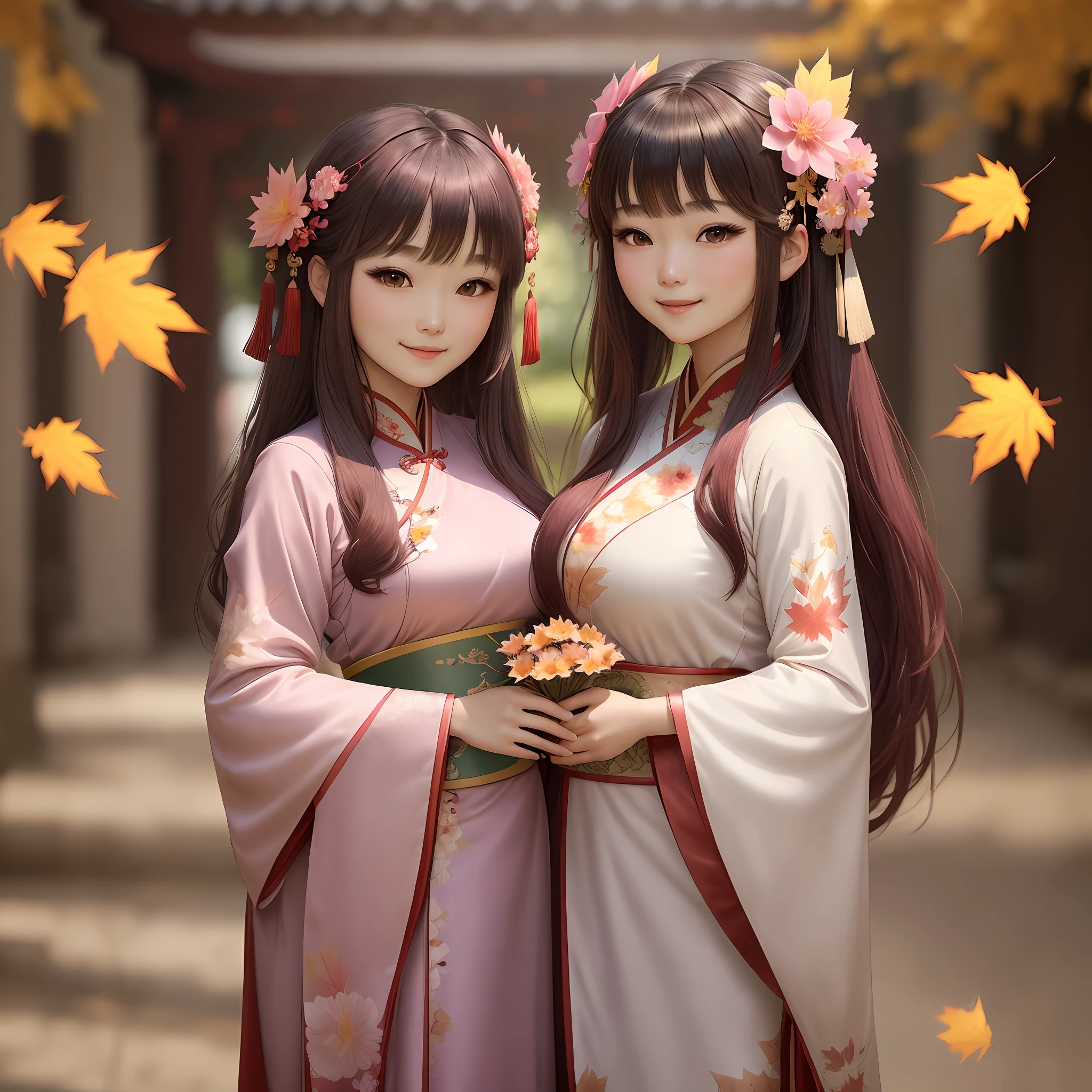 (masterpiece, best quality)),1girl, bangs, blurred background, spotted sunlight, flower, hair flower, hair ornament, Chinese clothing, leaf, (maple leaf: 1.9), solo exterior, sun, upper body, beautiful face, dark pink hair, light pink eyes, eye zoom, long hair, straight hair, face to face, manly, medium breasts, mature woman, voluptuous, hanfu,  smiling lightly,