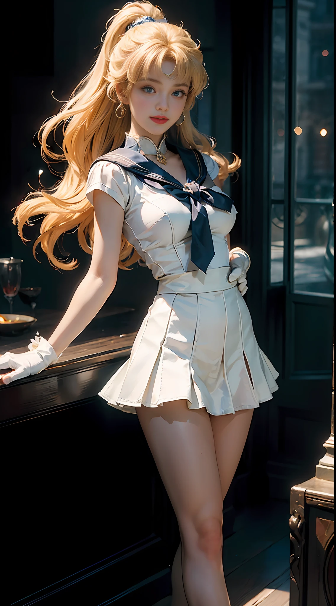 (CG Unity 8K wallpaper with extreme detail, masterpiece, highest quality), (exquisite lighting and shadow, highly dramatic picture, cinematic lens effect), (Sailor Moon: 1.1), charming smile, double tail, vibrant blue eyes, looking at the viewer with blond hair, white tight-fitting top, white gloves, mini skirt, dynamic pose), the background is the universe (excellent detail, excellent lighting, wide angle), (excellent rendering, enough to stand out in its class),