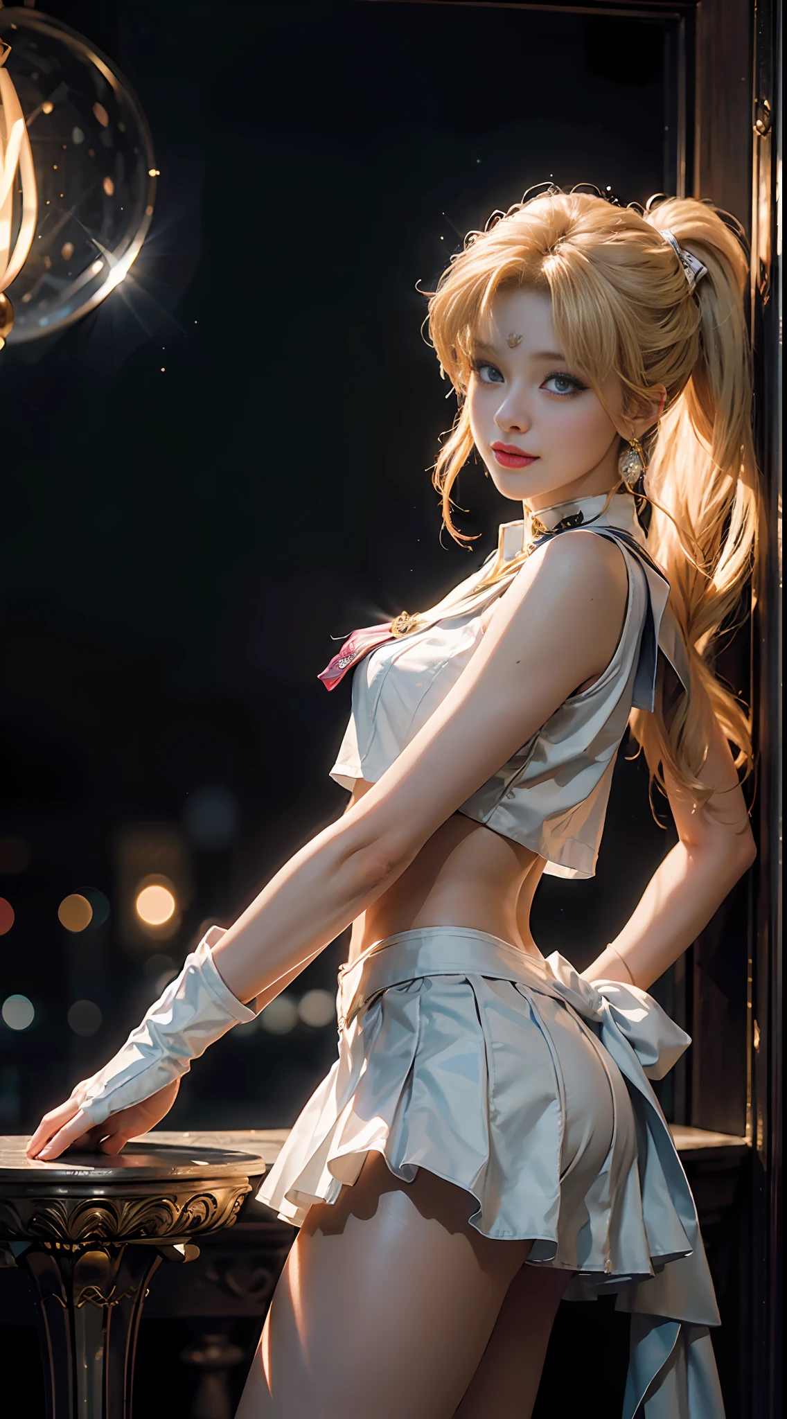 (CG Unity 8K wallpaper with extreme detail, masterpiece, highest quality), (exquisite lighting and shadow, highly dramatic picture, cinematic lens effect), (Sailor Moon: 1.1), charming smile, double tail, vibrant blue eyes, looking at the viewer with blond hair, white tight-fitting top, white gloves, mini skirt, dynamic pose), the background is the universe (excellent detail, excellent lighting, wide angle), (excellent rendering, enough to stand out in its class),