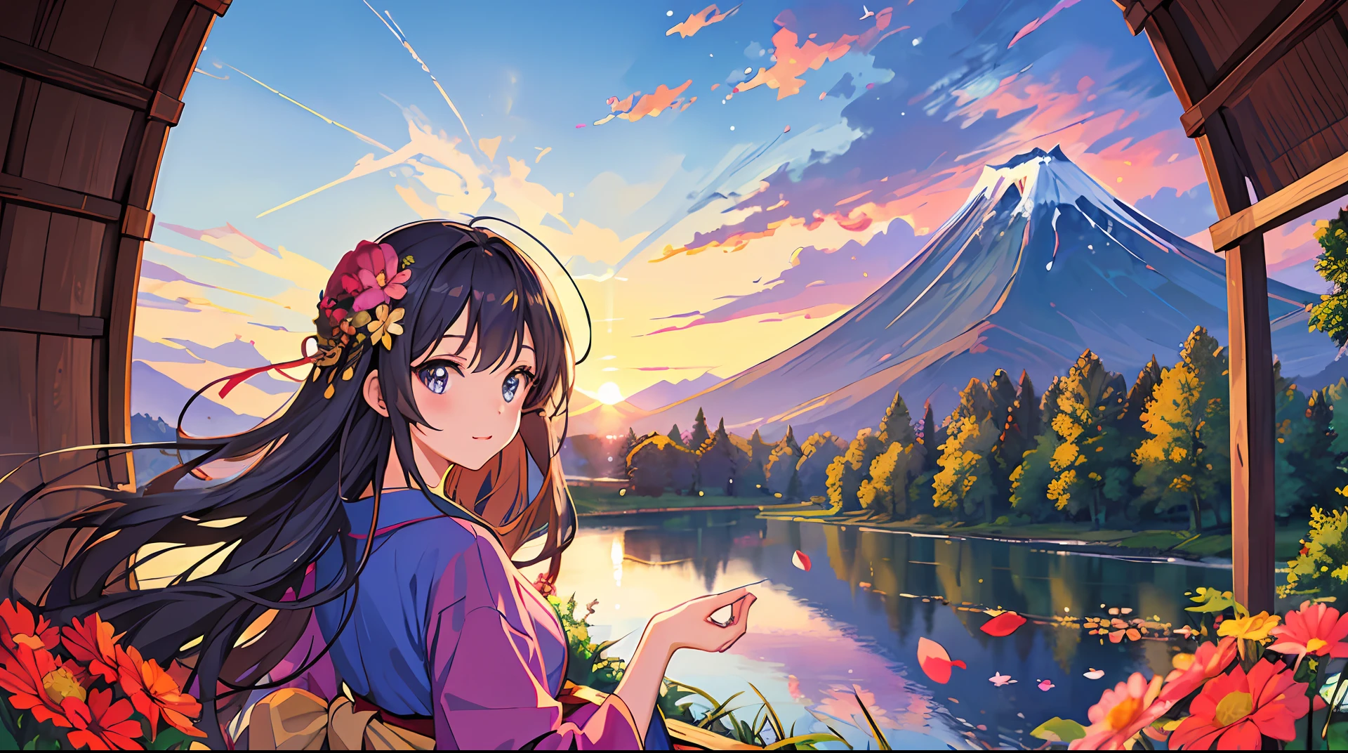 best quality, masterpiece, extremely detailed, detailed background, detailed eyes, anime, 1girl, beautiful eyes, young girl, long hair girl, expressive face, kimono, retro, mount fuji lansdscape, outdoors, sunset, beautiful sky, lake picnic, landscape, scenery, horizon, mountain sitting near mountain, wind, flower petal, spring, looking away, atmospheric lighting, reflection, naturalistic, detail, realism. relaxation, beauty, solo focus, close up, from side, depth of field, bokeh