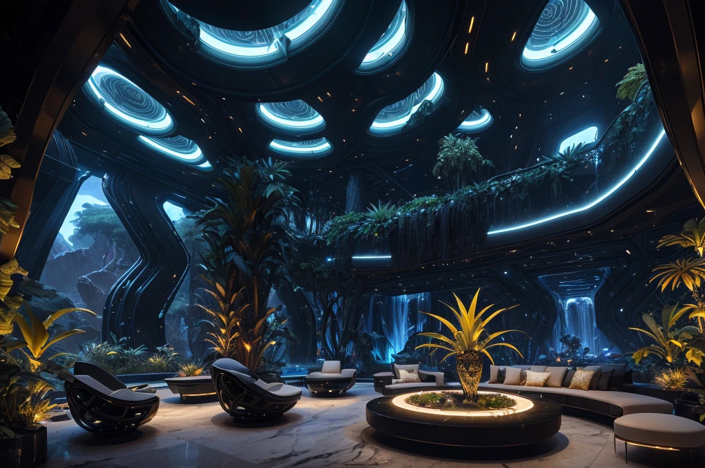 incredible black luxurious futuristic interior in Ancient Egyptian style with many (((lush plants, gorgeous flowers))), (lotus flowers), ((palm trees)), rocky walls, ((sand)), ((waterfalls)) (marble), ((precious minerals)), ((metals)), (gemstones), crystals, clouds and (water), ((curvy futuristic furniture)), crocodiles, (hieroglyphics), (((ultra luxury))), (black marble) – with ((beautiful lights)), Unreal Engine, HQ, 16k