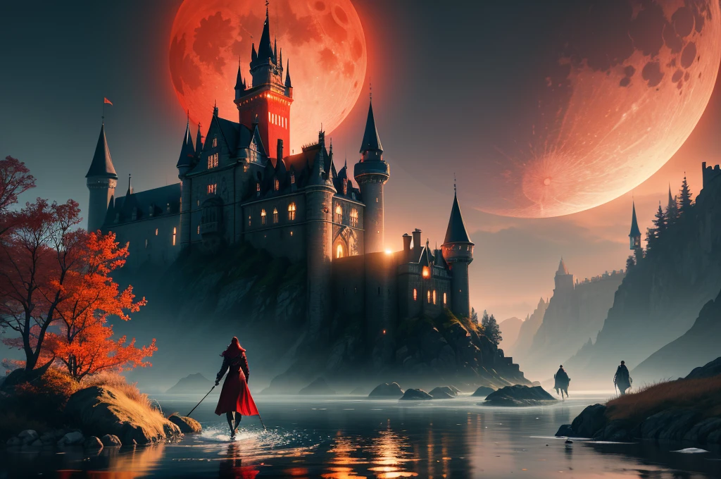 8k,wallpaper of a wicher walking in a water, castle,red moon, character focus, volumetric lighting, masterpiece, realistic, trending on artstation, highres, fantasy