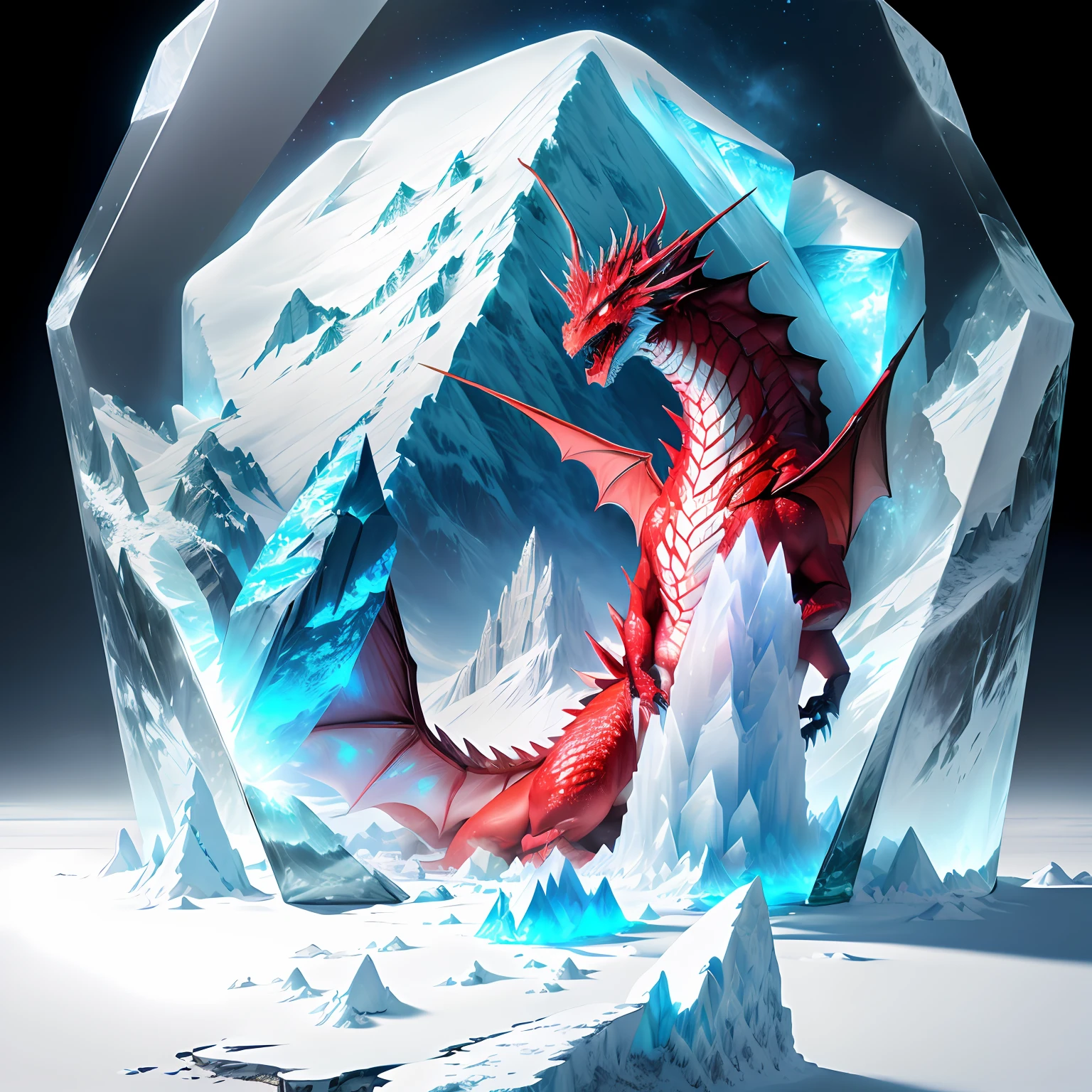 a huge stone mountain that is encased in a block of translucent frosty ice that has a red dragon perched on top of the mountain inside of the ice