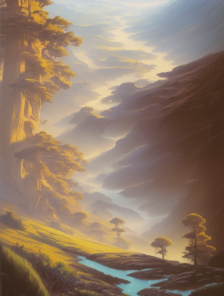 painting of a valley with a river and trees in the foreground, virgil finlaytim hildebrandt, andreas rocha and john howe, chris moore”, silvain sarrailh, wlop and rhads, style of tim hildebrandt, marc adamus, amazing depth, concept art | rhads, by RHADS, an epic landscape
