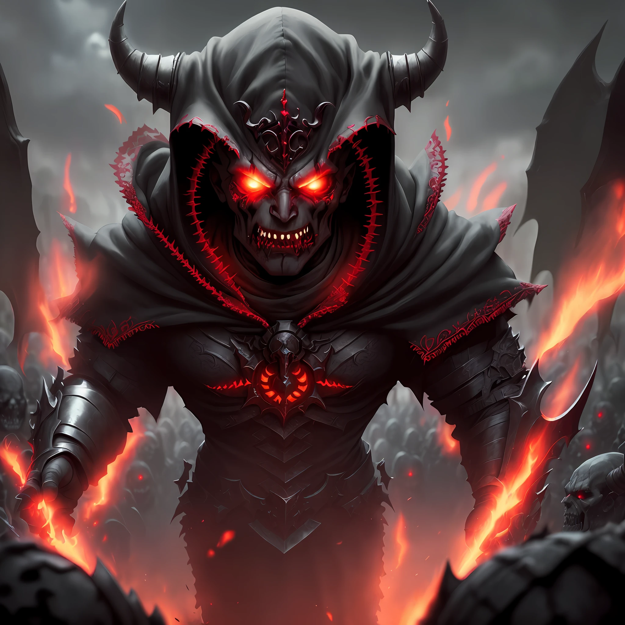 ((Necromancer-Angry)), ((demons)), ((shadows)), ((field-hostile)), ultra + details(in-bright-red) + ((intricate)), hood-and-cover, bg(cinematic)