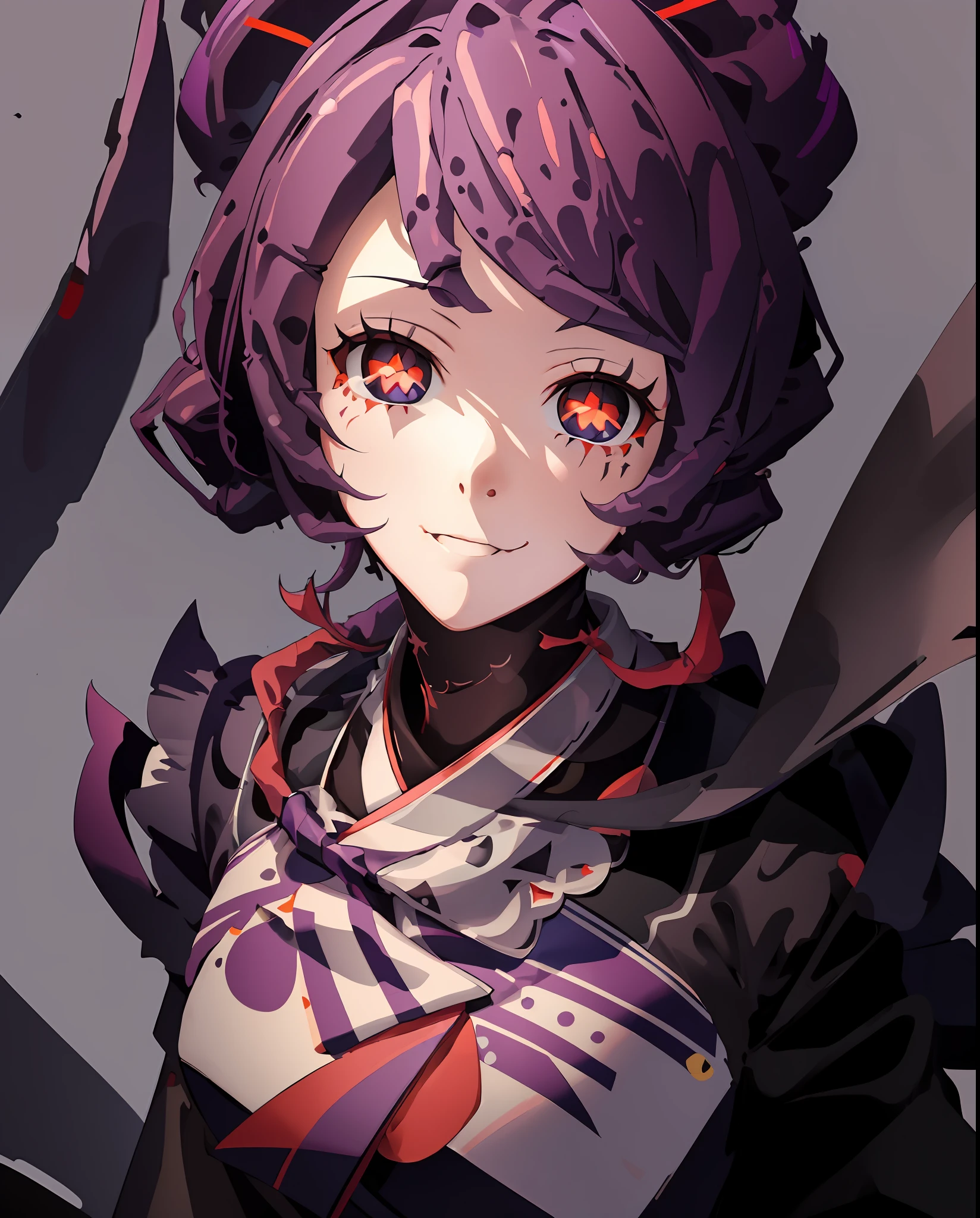 ((overlordentoma)), (masterpiece), (super detailed), (strong outlines), (((((simple background, transparent background))))), (face), (((1girl, solo))), looking at viewer, smile, short hair, long sleeves, very close portrait, red eyes, purple hair, pantyhose, frills, japanese clothes, shoes, wide sleeves, kimono, hair bun, black footwear, apron, sleeves past wrists, maid, maid headdress, skin fangs, monster girl, colored sclera, antennae, arthropod girl, purple pantyhose, digital art, beautiful, detailed, perfect anatomy, portrait, portrait, portrait portrait, 8K, clear, good lighting, detailed, extremely detailed, sharp focus, intricate, beautiful, realistic+++, complementary colors, high quality, hyper detailed, masterpiece, best quality, artstation, stunning